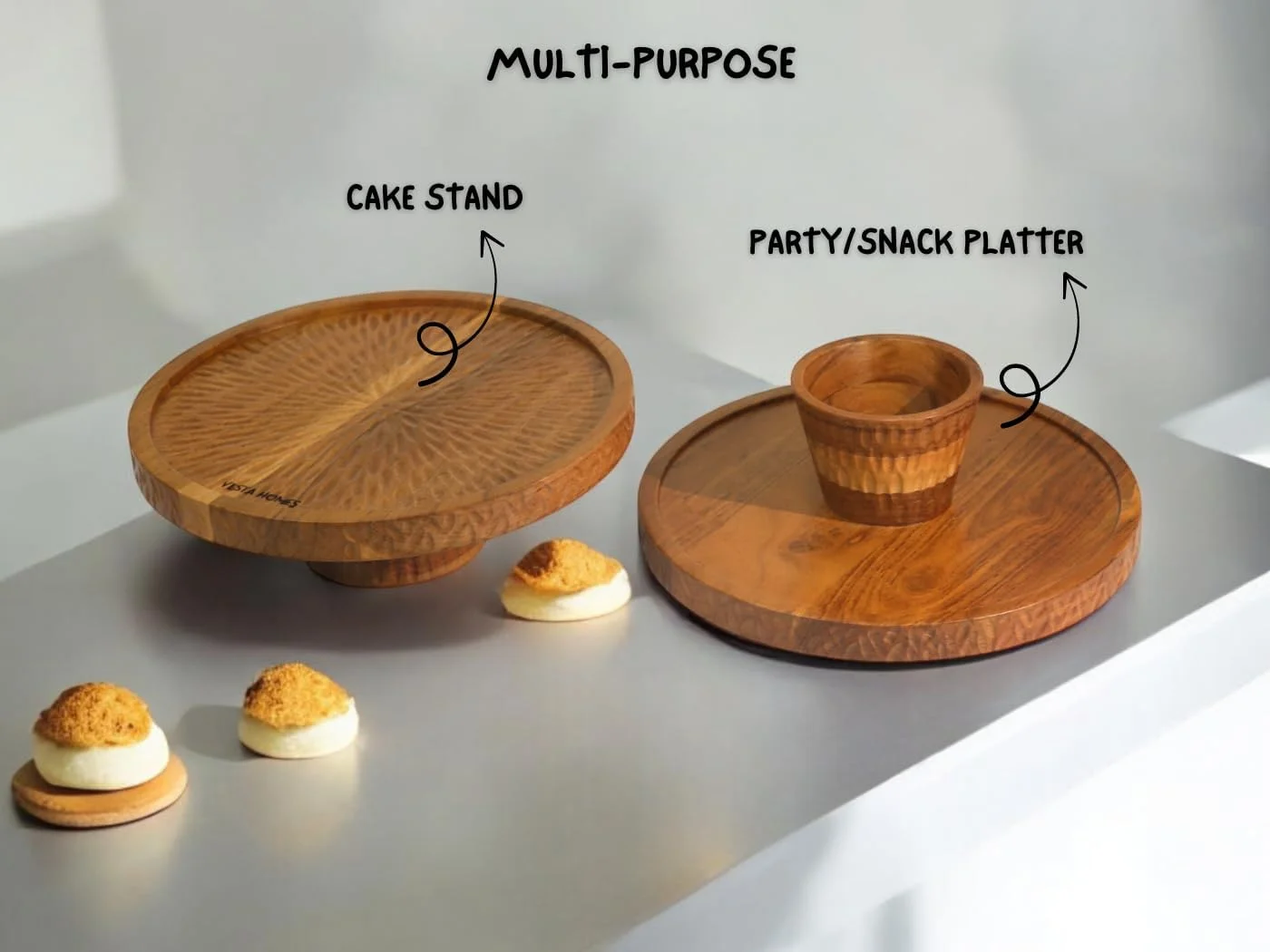 پایه کیک چوبی گرد بزرگ وستا هوم، پایه پیتزا، سینی دسر، ست نمایش میز دسر 2 در 1 و تخته سرو برای پنیر، چیپس و دیپ، ناچو، سینی میوه | قطر - 30 سانتی متر