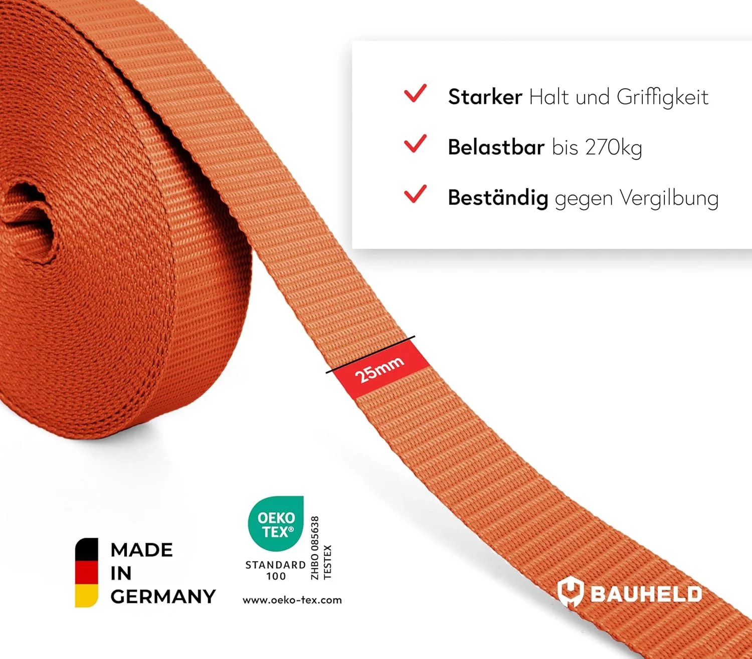 تسمه بافتی یونیورسال ۱۰ متری BAUHELD، ۲۵ میلی‌متری [ساخت آلمان] – تسمه نصب پارچه‌ای پلی‌پروپیلن – تسمه برای اتصال، دوخت یا لوازم جانبی کوله پشتی، چمدان، سگک پلاگین، تسمه کششی