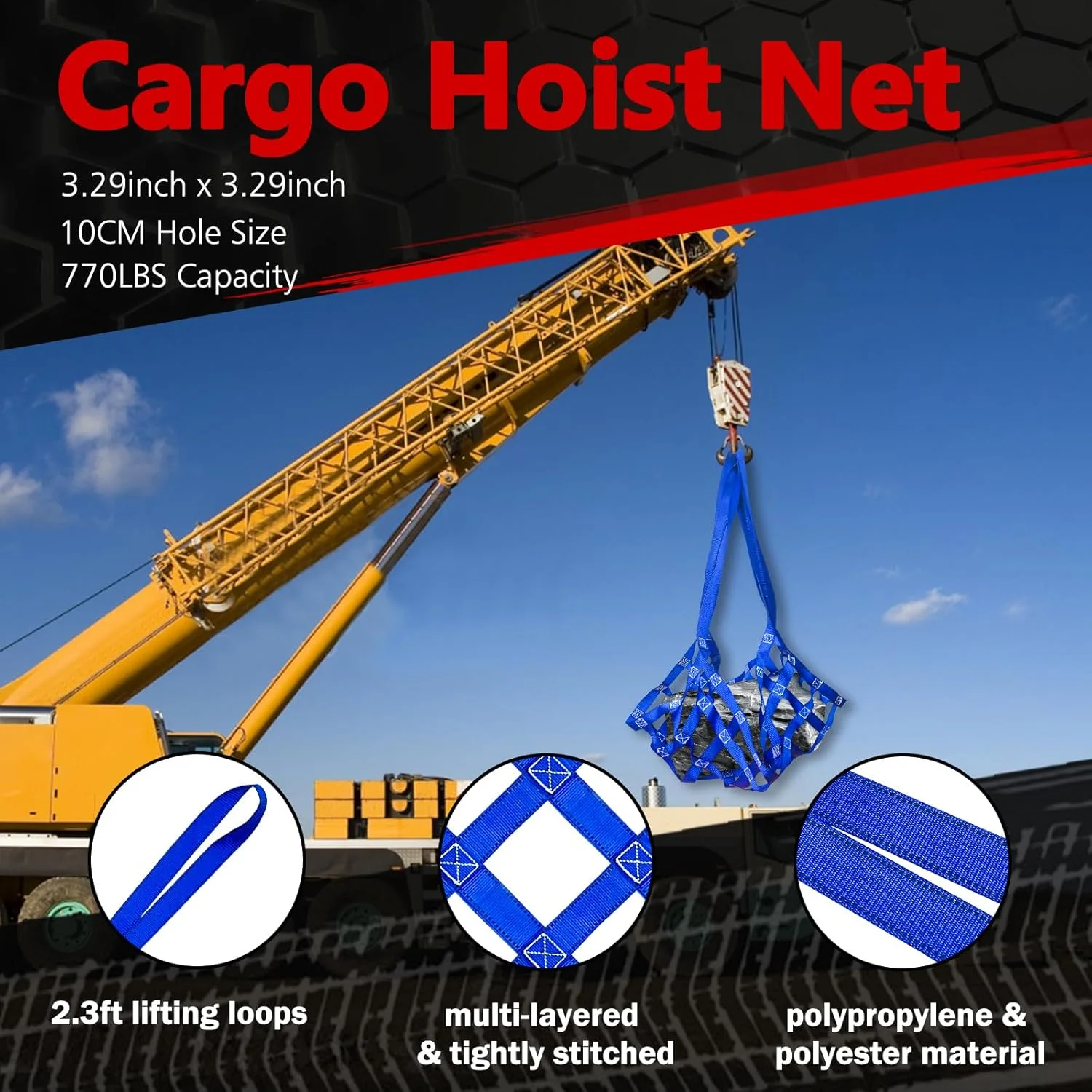 تور حمل بار با ظرفیت 350 کیلوگرم، توری ایمنی برای بالابر با ابعاد 1 متر در 1 متر، توری تسمه ای بالابر، تور بار سنگین برای ساخت و ساز، جابجایی، بارگیری و تخلیه (آبی)