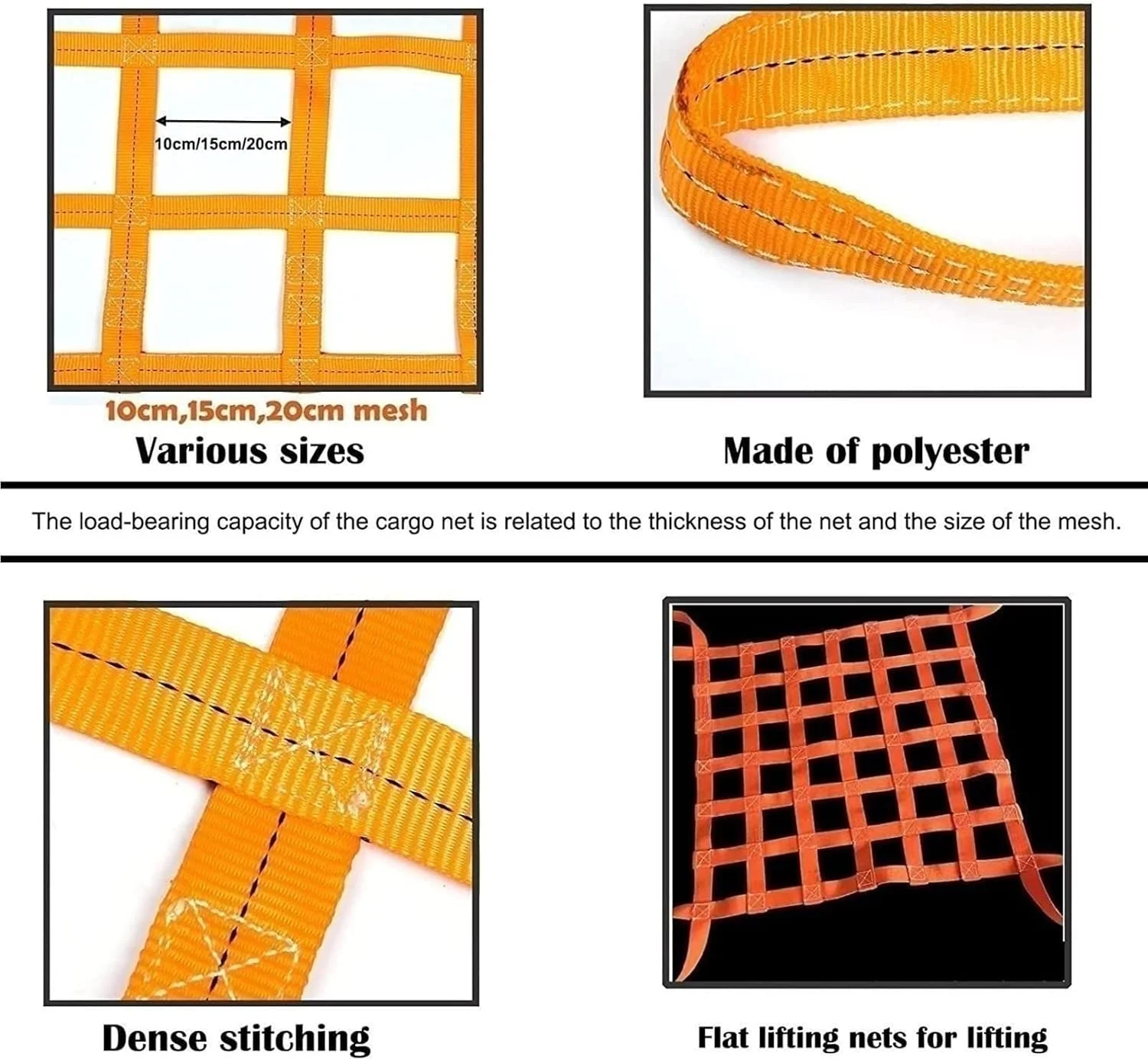 توری حمل بار تخت نایلونی - توری حمل بار، کیف حمل بار چند منظوره، توری آویز، تسمه های توری حمل، بارگیری و تخلیه اجسام سنگین (اندازه: 1.5 X 1.5M / مش 10cm / Lo