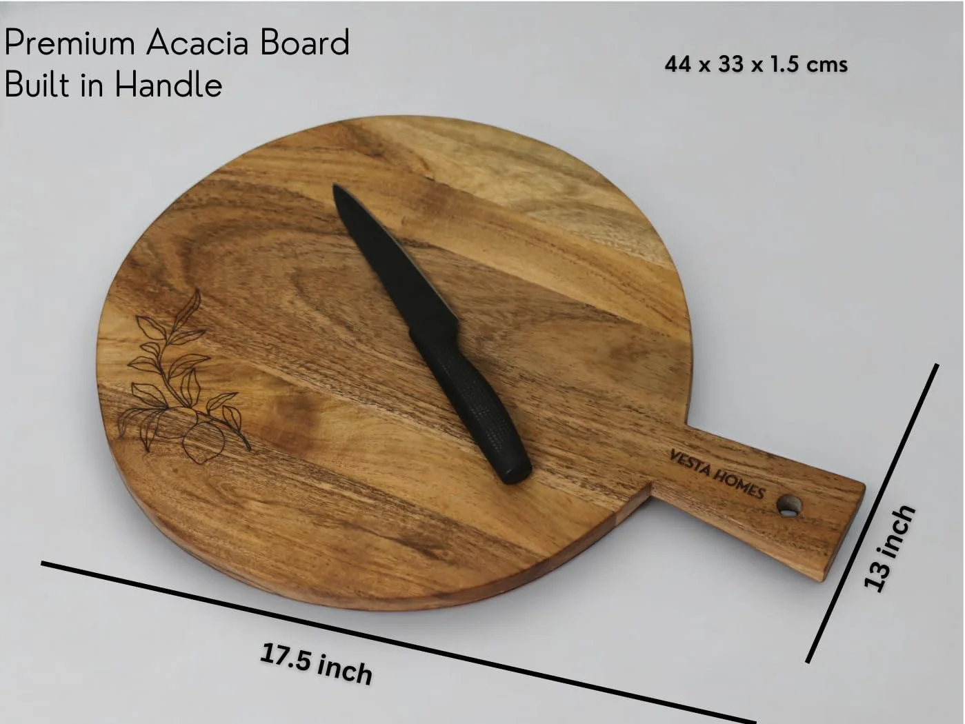 تخته برش چوبی گرد وستا هومز، تخته سرو، بشقاب پیتزا، سبزیجات، میوه ها و پنیر، چوب اقاقیا طبیعی 44 X 33 X 1.5 سانتی متر، دست ساز، ساخت هند
