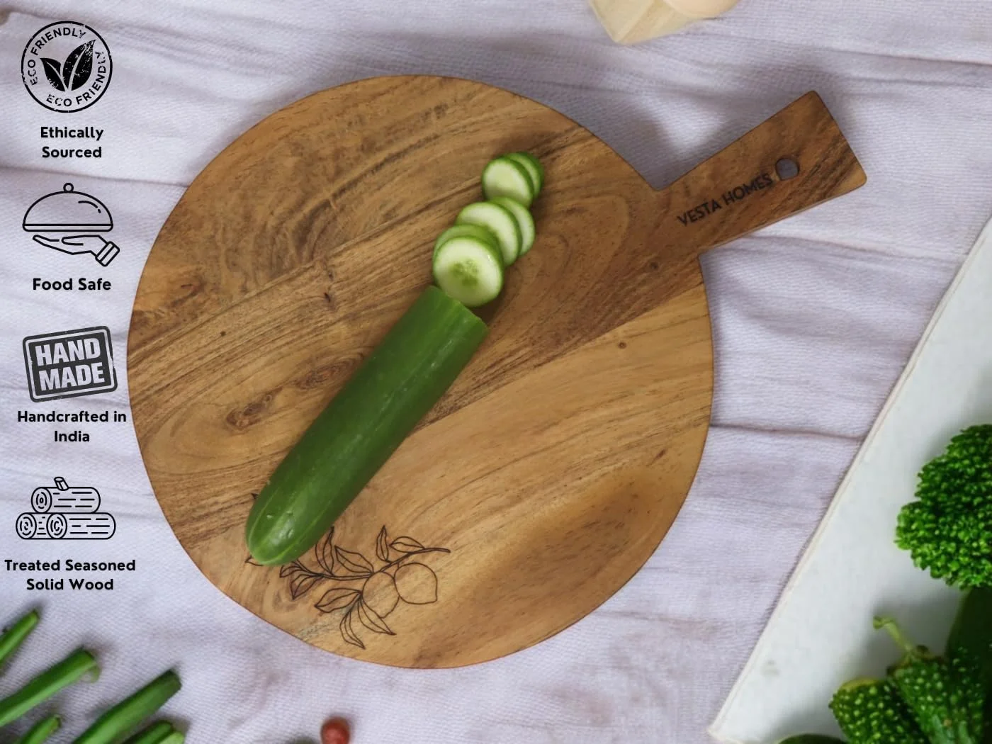 تخته برش چوبی گرد وستا هومز، تخته سرو، بشقاب پیتزا، سبزیجات، میوه ها و پنیر، چوب اقاقیا طبیعی 44 X 33 X 1.5 سانتی متر، دست ساز، ساخت هند
