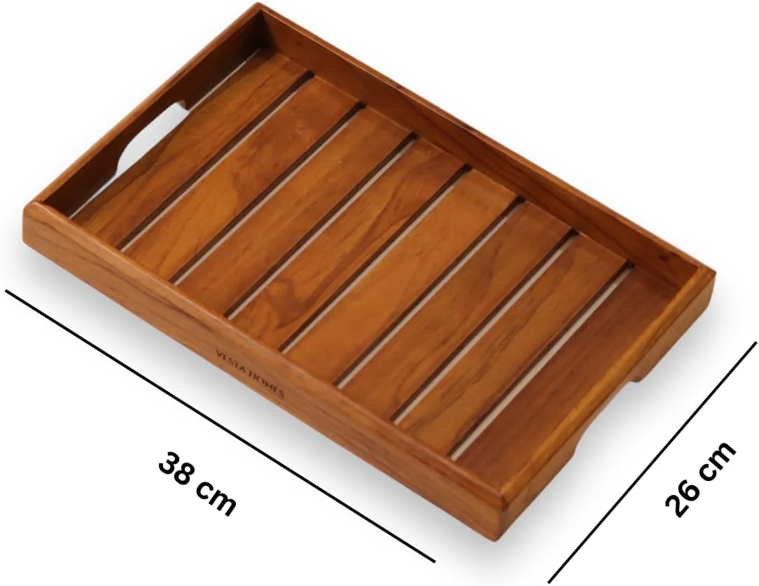 سینی سرو چوبی Vesta Homes، مناسب برای خانه، آشپزخانه، صبحانه، رستوران، سازماندهی اداری، میز غذاخوری | سینی چوبی ممتاز | 38 x 25.5 x 4 سانتی متر | دست ساز هند
