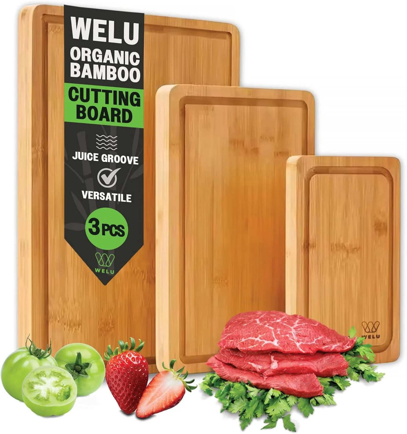 تخته برش بامبو ارگانیک WELU - ست 3 تکه تخته برش بامبو بدون BPA با اندازه های مختلف - تخته برش های دو طرفه برای آشپزخانه با شیارهای عمیق آبمیوه، ست تخته سرو با دسته ارگونومیک تخته برش بامبو ارگانیک WELU - ست 3 تکه تخته برش بامبو بدون BPA با اندازه های مختلف - تخته برش های دو طرفه برای آشپزخانه با شیارهای عمیق آبمیوه، ست تخته سرو با دسته ارگونومیک