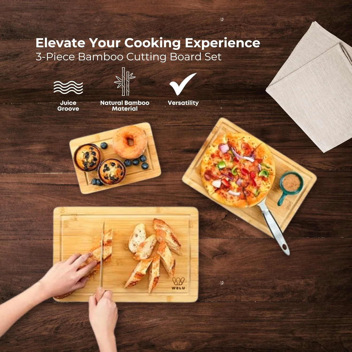 تخته برش بامبو ارگانیک WELU - ست 3 تکه تخته برش بامبو بدون BPA با اندازه های مختلف - تخته برش های دو طرفه برای آشپزخانه با شیارهای عمیق آبمیوه، ست تخته سرو با دسته ارگونومیک