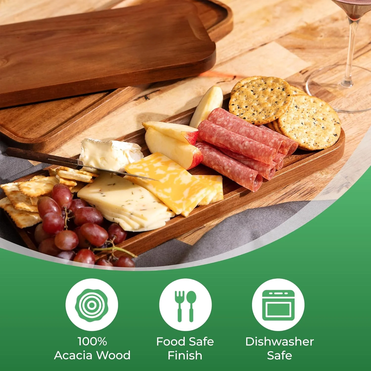 سینی سرو چوبی مستطیلی بزرگ از چوب درخت اقاقیا (36x14 سانتی متر) مناسب سرو غذا، سینی چوبی برای اردور، سینی سرو پیش غذا، تخته پنیر چوبی (ست 3 تایی)