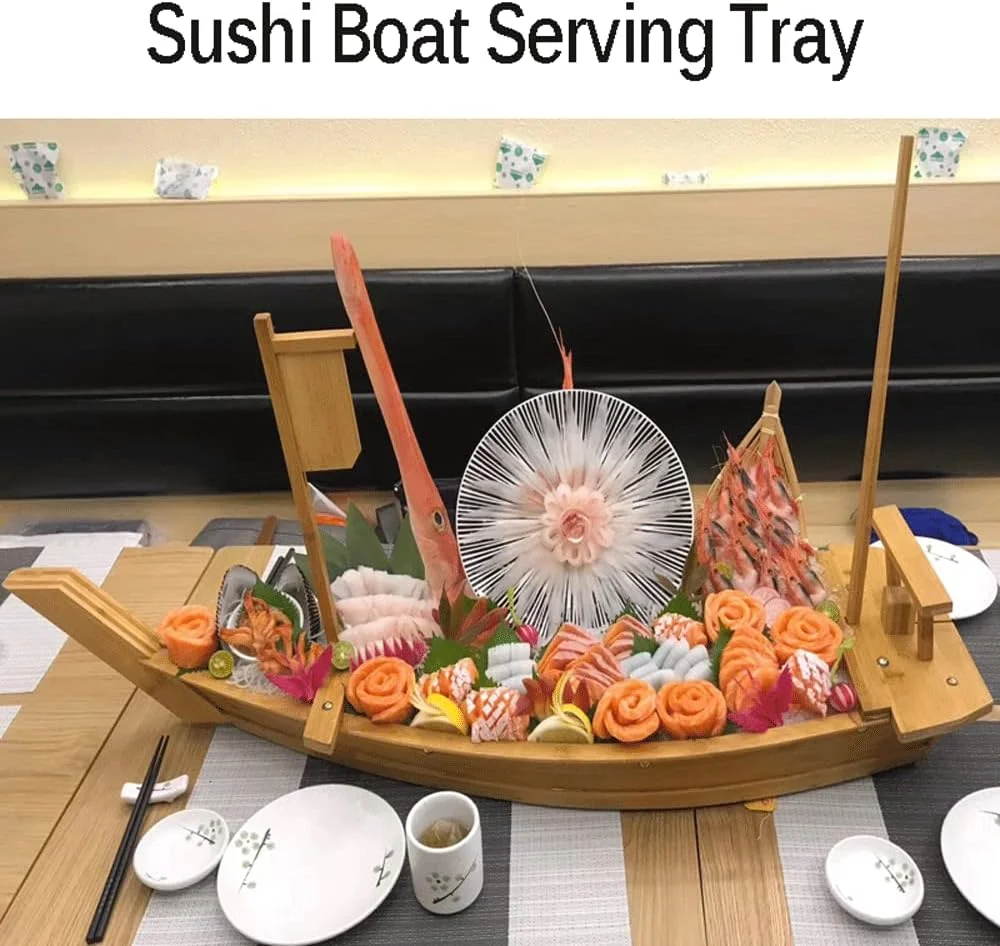سینی سرو قایقی سوشی چوبی WINIAER سایز 20 اینچ، بشقاب بزرگ قایقی سوشی برای ساشیمی و غذاهای دریایی، مناسب برای رستوران سوشی یا منزل (52 سانتی متر)