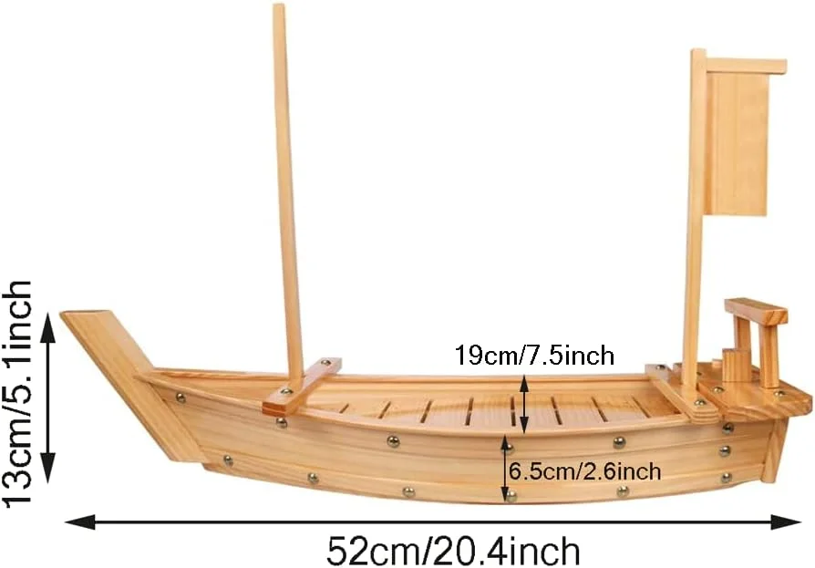 سینی سرو قایقی سوشی چوبی WINIAER سایز 20 اینچ، بشقاب بزرگ قایقی سوشی برای ساشیمی و غذاهای دریایی، مناسب برای رستوران سوشی یا منزل (52 سانتی متر)