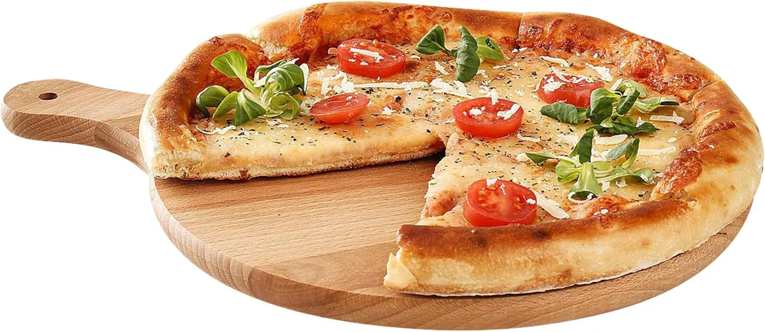 تخته پیتزای چوبی گرد با دسته، صفحه چوبی دایره ای، تخته برش، سرو پیتزا، چوب جامد - 45 سانتی متر تخته پیتزای چوبی گرد با دسته، صفحه چوبی دایره ای، تخته برش، سرو پیتزا، چوب جامد - 45 سانتی متر