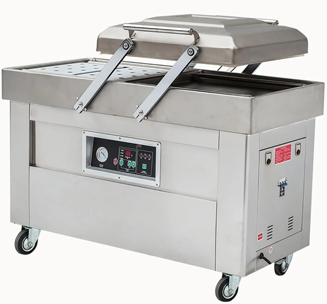 دستگاه بسته بندی وکیوم مواد غذایی دو محفظه ای، دستگاه بسته بندی وکیوم استیل ضد زنگ، طول آب بندی دو محفظه 40 سانتی متر، برای بسته بندی گوشت، میوه ها و سبزیجات