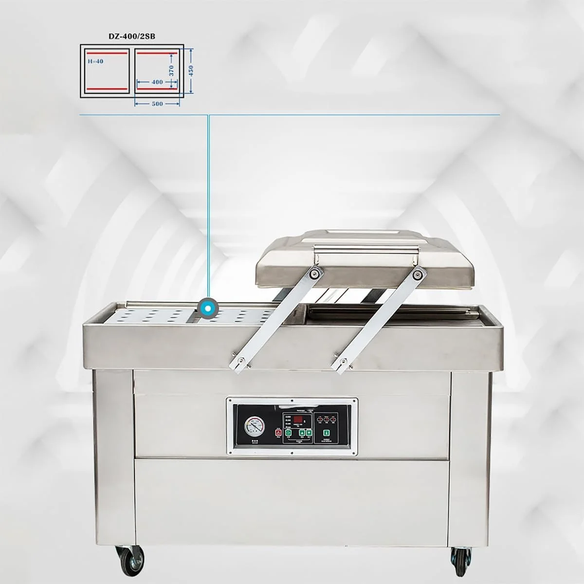 دستگاه بسته بندی وکیوم مواد غذایی دو محفظه ای، دستگاه بسته بندی وکیوم استیل ضد زنگ، طول آب بندی دو محفظه 40 سانتی متر، برای بسته بندی گوشت، میوه ها و سبزیجات