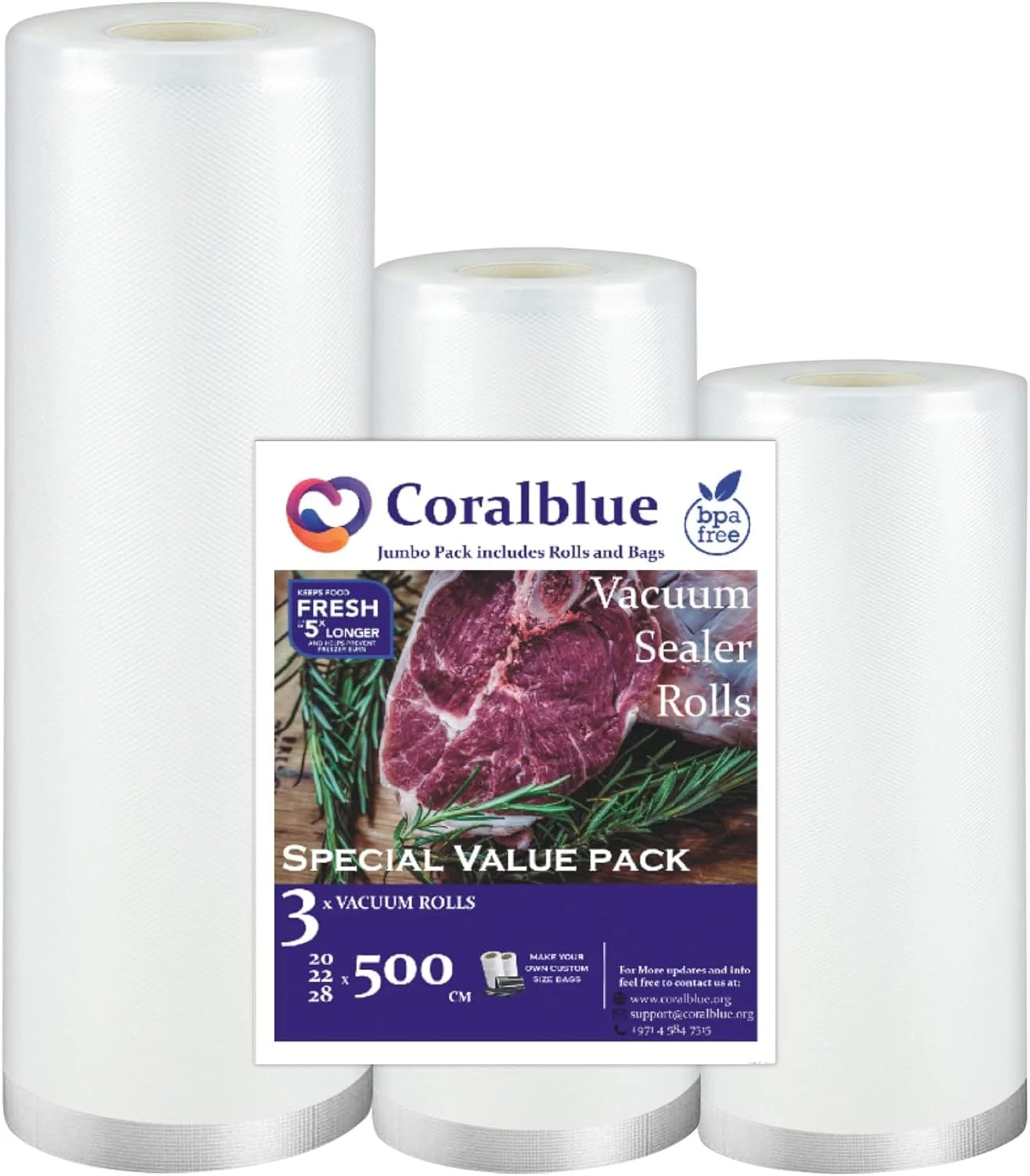 رول های دستگاه وکیوم CoralBlue، ۲۲ سانتیمتر در ۱۵ متر - سازگار با دستگاه های بسته بندی مواد غذایی و سایر دستگاه ها - کیسه های وکیوم برجسته، سایز دلخواه خود را برای پخت و پز یا نگهداری مواد غذایی بسازید (بسته ۳ عددی (۲۲ سانتیمتر در ۲۸ سانتیمتر))