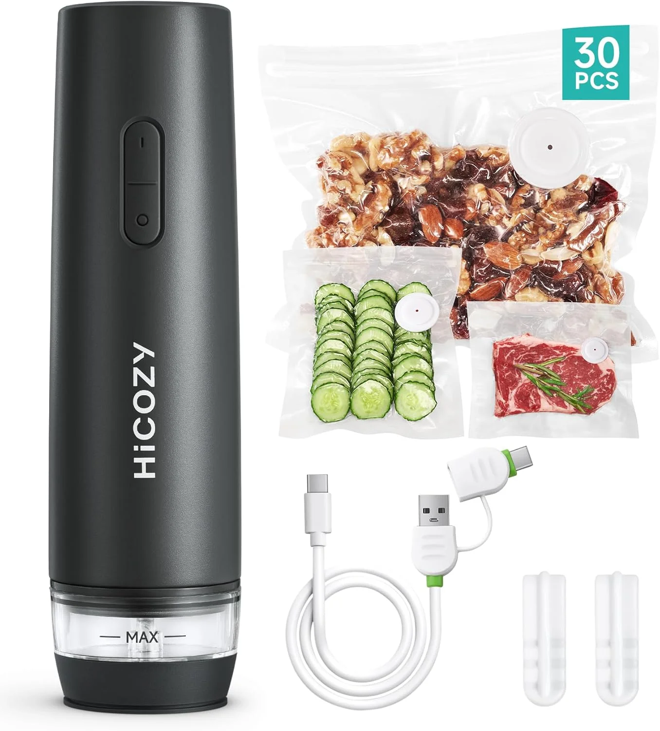 دستگاه وکیوم کوچک هایکوزی برای مواد غذایی با مخزن آب قابل مشاهده، دستگاه وکیوم دستی قابل حمل با 30 کیسه قابل استفاده مجدد و بدون BPA، یک دکمه برای مهر و موم کردن تازگی، خاکستری شبح