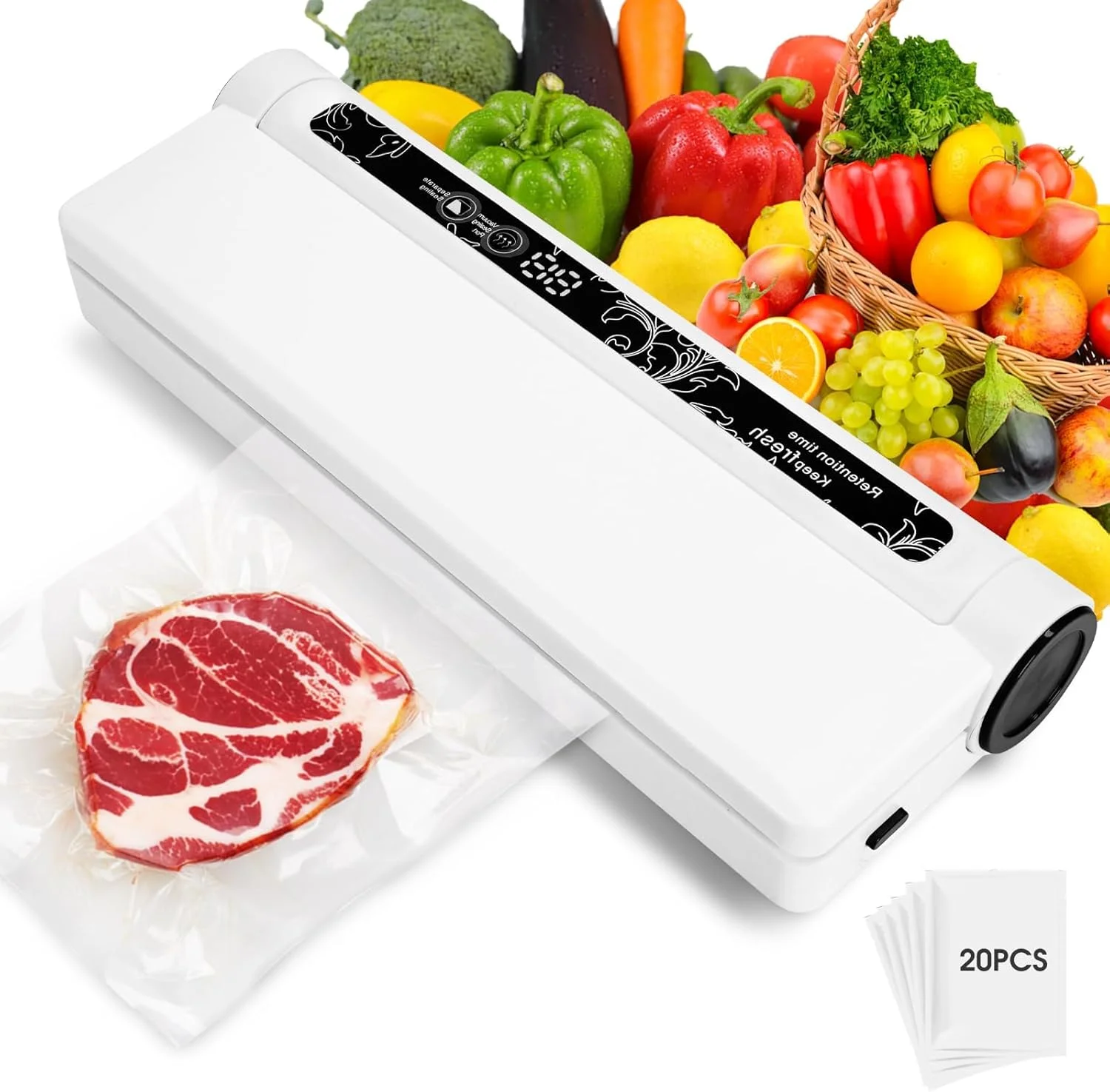 دستگاه وکیوم سیلر جمع و جور برای نگهداری مواد غذایی - سیل خودکار تک لمسی، مکش 60 کیلو پاسکال، حالت های خشک و مرطوب، شامل 20 کیسه، برای گوشت، سبزیجات و تنقلات