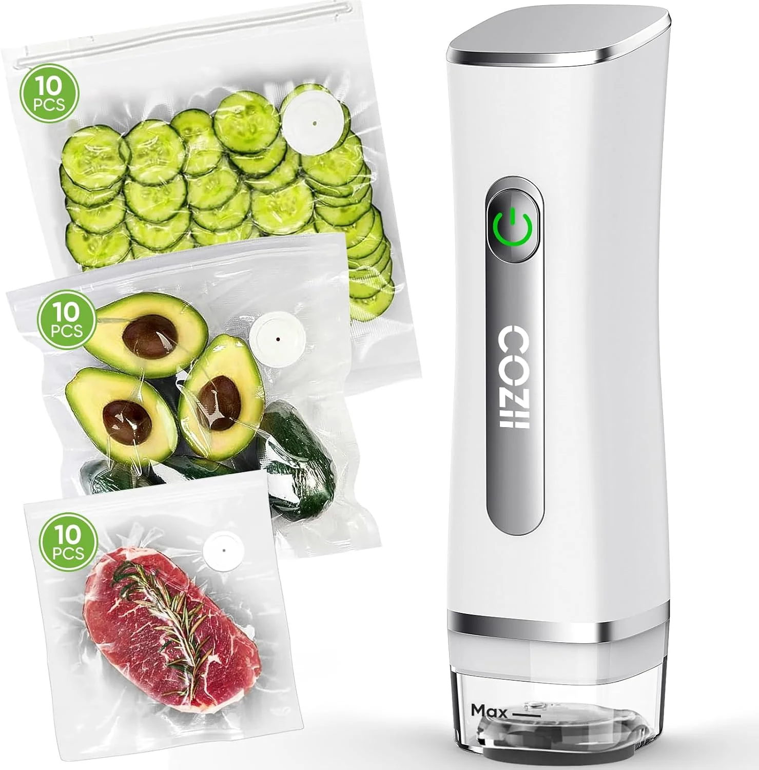 دستگاه وکیوم بسته بندی مواد غذایی COZII با 30 کیسه قابل استفاده مجدد، دستگاه وکیوم دستی قدرتمند با مخزن آب قابل مشاهده برای 6 برابر حفظ تازگی، سفید