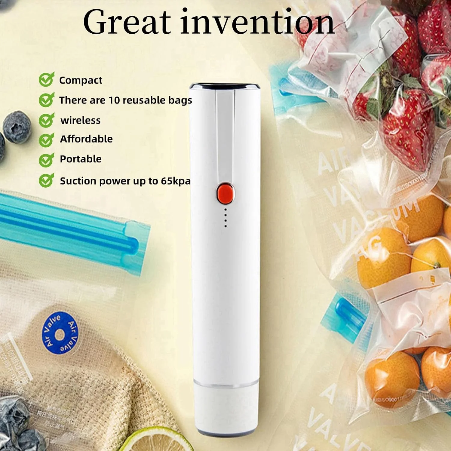دستگاه وکیوم سیلر بی سیم دستی برای نگهداری مواد غذایی به همراه 10 کیسه قابل استفاده مجدد