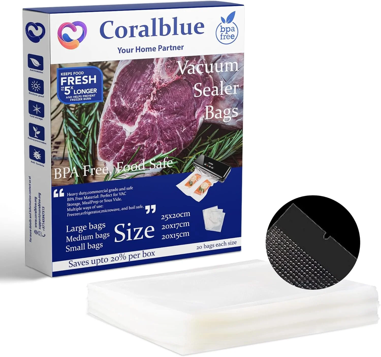 کیسه های وکیوم Coralblue، این کیسه های غذای برجسته در اندازه های مختلف عالی برای آماده سازی غذا و نگهداری مواد غذایی، بسته 60 عددی (20 عدد 15x20 سانتی متر، 25x20 سانتی متر، 20 عدد 17x20 سانتی متر) - (50) کیسه های وکیوم Coralblue، این کیسه های غذای برجسته در اندازه های مختلف عالی برای آماده سازی غذا و نگهداری مواد غذایی، بسته 60 عددی (20 عدد 15x20 سانتی متر، 25x20 سانتی متر، 20 عدد 17x20 سانتی متر) - (50)