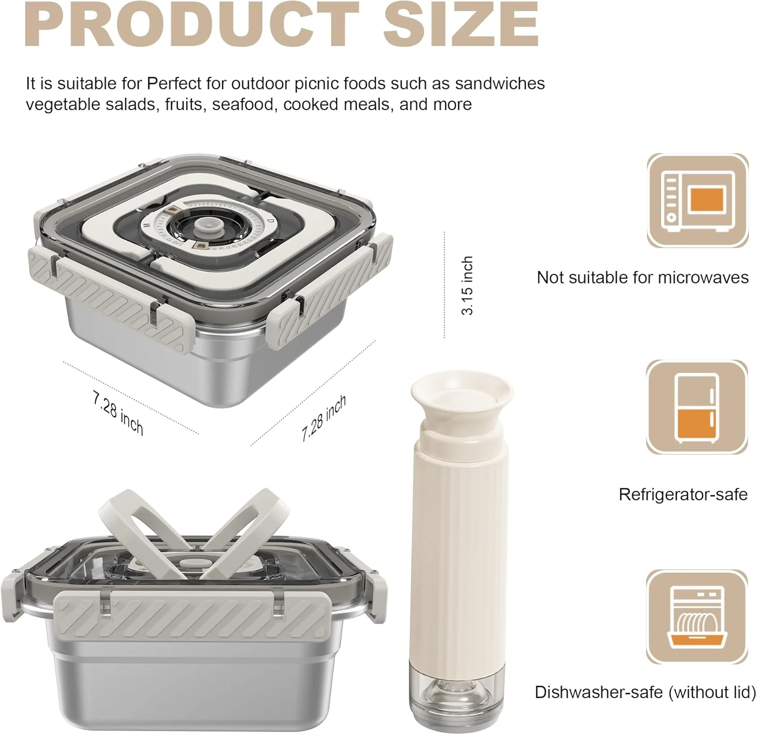 دستگاه وکیوم دستی + ظروف استیل ضد زنگ وکیوم با دسته | چند منظوره، ظرف وکیوم شده برای غذای سالم، نگهداری قابل حمل غذا برای دفتر و فضای باز (S 1360 میلی لیتر)