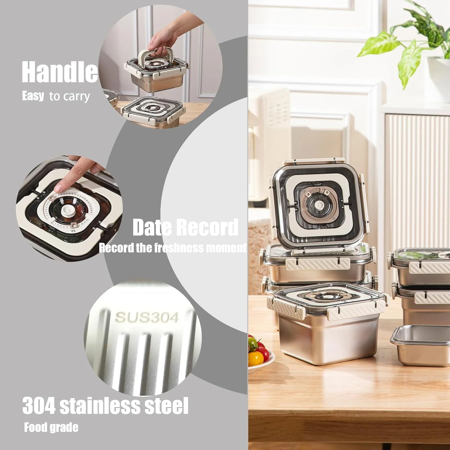 دستگاه وکیوم دستی + ظروف استیل ضد زنگ وکیوم با دسته | چند منظوره، ظرف وکیوم شده برای غذای سالم، نگهداری قابل حمل غذا برای دفتر و فضای باز (S 1360 میلی لیتر)