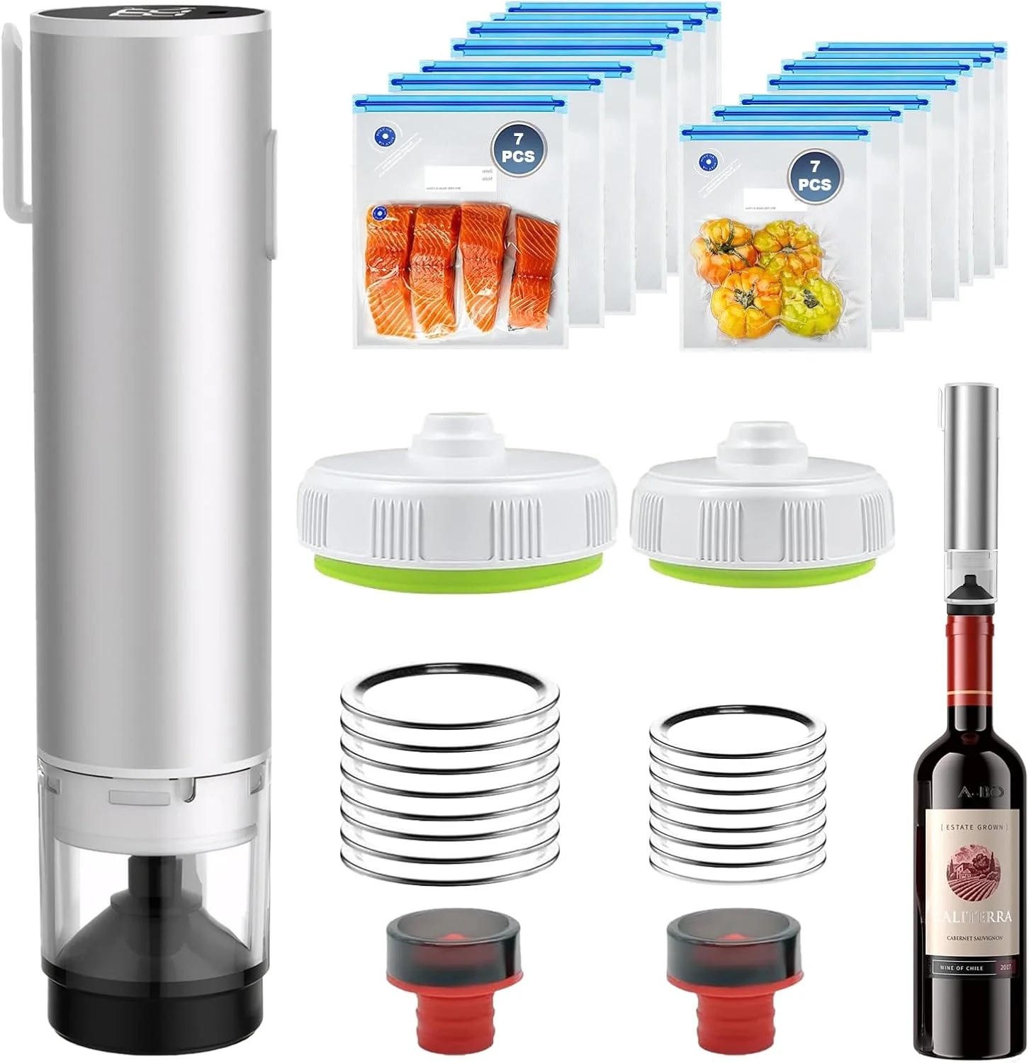 دستگاه وکیوم دستی غذا، دستگاه وکیوم بی سیم قابل حمل با 14 کیسه وکیوم قابل استفاده مجدد، 16 درب شیشه ای پهن و 2 درب بطری شراب برای نگهداری و ذخیره سازی