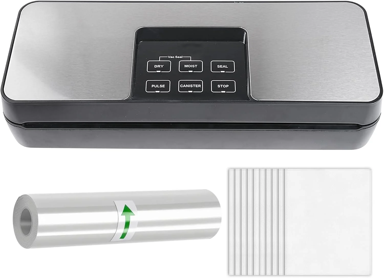 دستگاه وکیوم سیلر نیکو با قدرت 80 کیلو پاسکال، دستگاه وکیوم سیلر خشک و مرطوب برای نگهداری مواد غذایی، به همراه 1 رول فیلم و 10 کیسه بافت دار