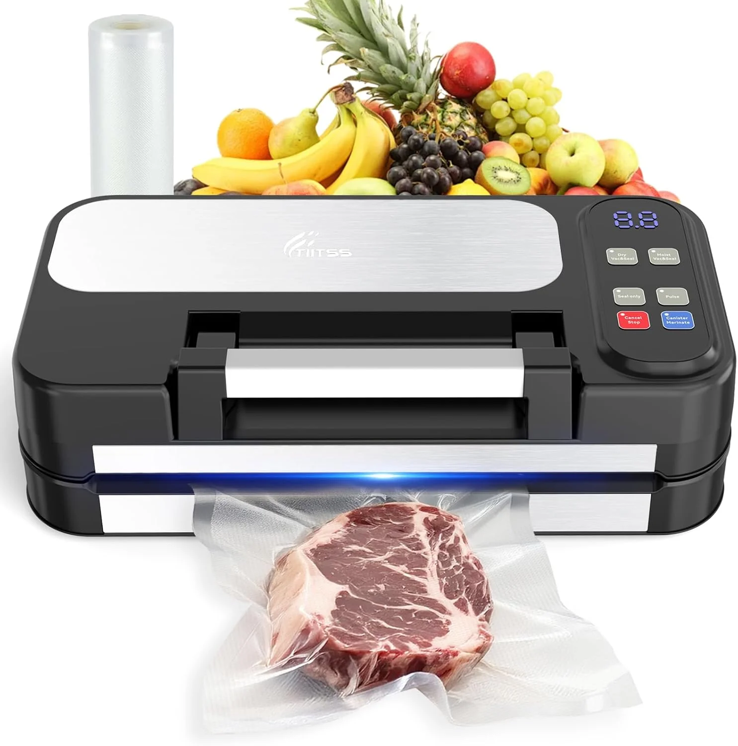 دستگاه وکیوم سیلر 95 کیلو پاسکال برای مواد غذایی، دستگاه بسته بندی وکیوم تمام اتوماتیک تجاری، دستگاه بسته بندی گوشت با محفظه نگهداری کیسه، دارای برش داخلی، مهر و موم حرارتی دوبل، قابلیت مرینیت و وکیوم خارجی