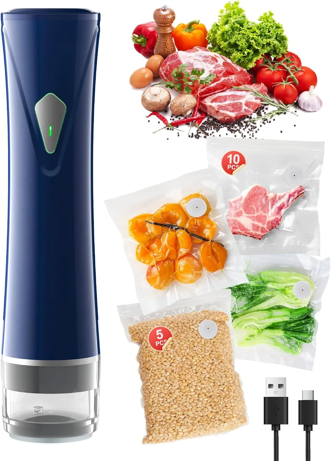 دستگاه وکیوم دستی GPUTEK برای مواد غذایی، دستگاه وکیوم کوچک قابل حمل برای مواد غذایی، دستگاه تازه نگهدارنده دستی، دستگاه وکیوم جمع و جور با 15 کیسه قابل استفاده مجدد، رنگ: سفید