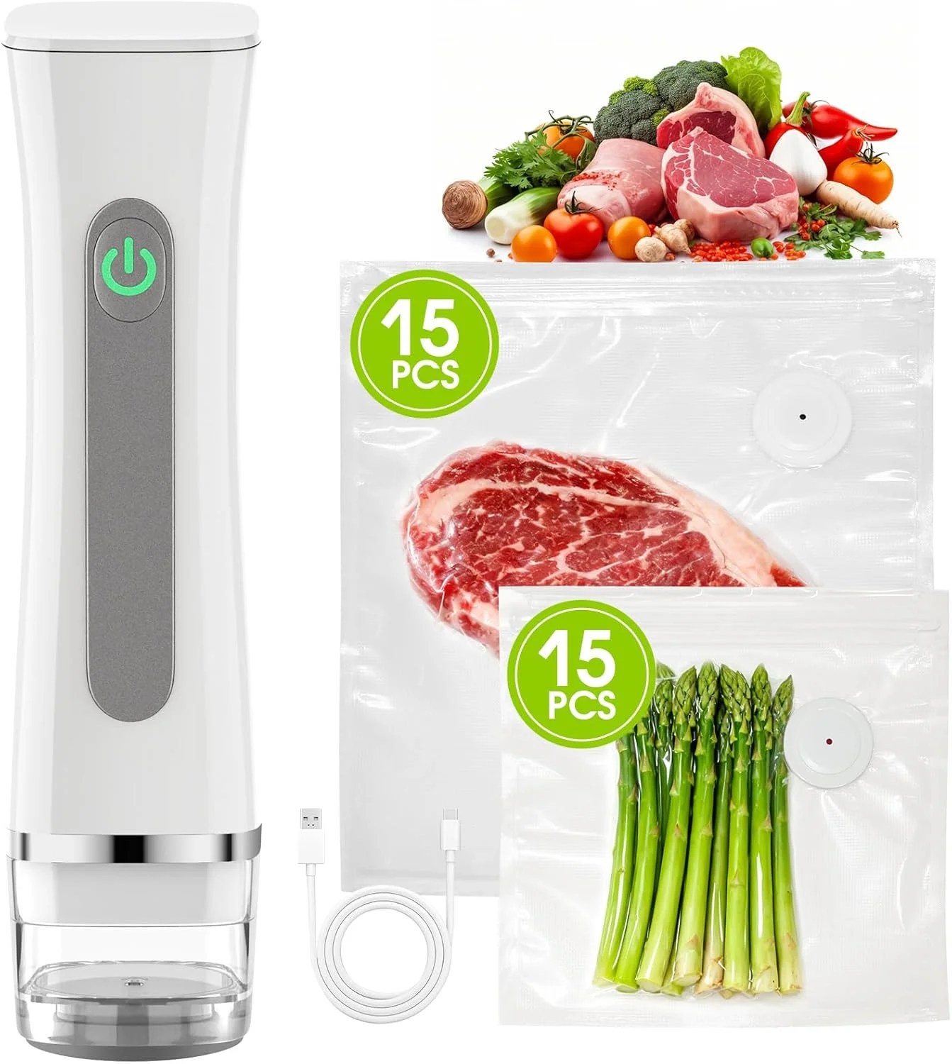 دستگاه وکیوم بسته بندی مواد غذایی به همراه 30 کیسه قابل استفاده مجدد، دستگاه وکیوم کوچک و قابل حمل با مخزن آب قابل مشاهده برای گوشت، میوه، سبزیجات، غذاهای دریایی و مواد غذایی خشک