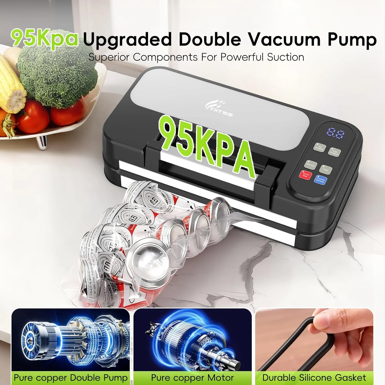 دستگاه وکیوم سیلر 95 کیلو پاسکال برای مواد غذایی، دستگاه بسته بندی وکیوم تمام اتوماتیک تجاری، دستگاه بسته بندی گوشت با محفظه نگهداری کیسه، دارای برش داخلی، مهر و موم حرارتی دوبل، قابلیت مرینیت و وکیوم خارجی