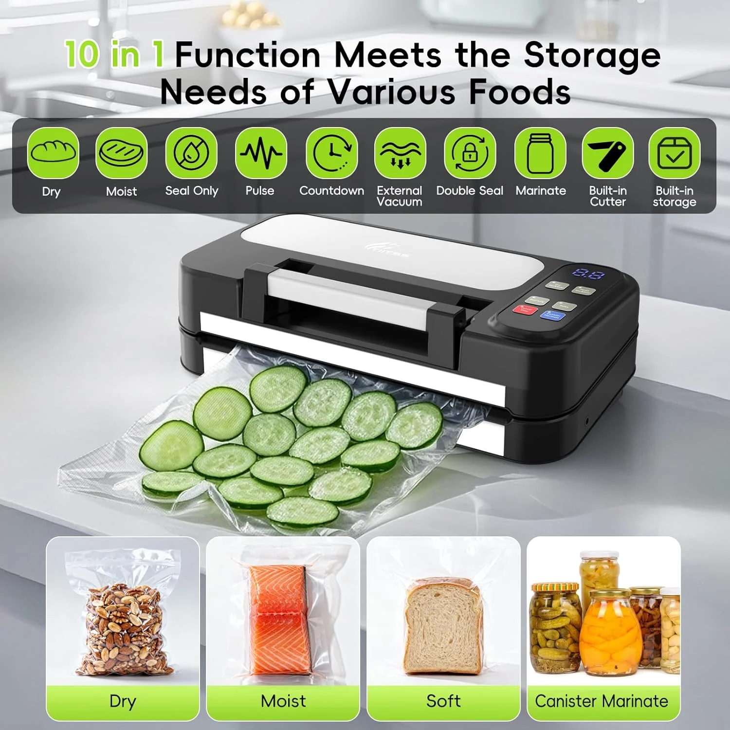 دستگاه وکیوم سیلر 95 کیلو پاسکال برای مواد غذایی، دستگاه بسته بندی وکیوم تمام اتوماتیک تجاری، دستگاه بسته بندی گوشت با محفظه نگهداری کیسه، دارای برش داخلی، مهر و موم حرارتی دوبل، قابلیت مرینیت و وکیوم خارجی