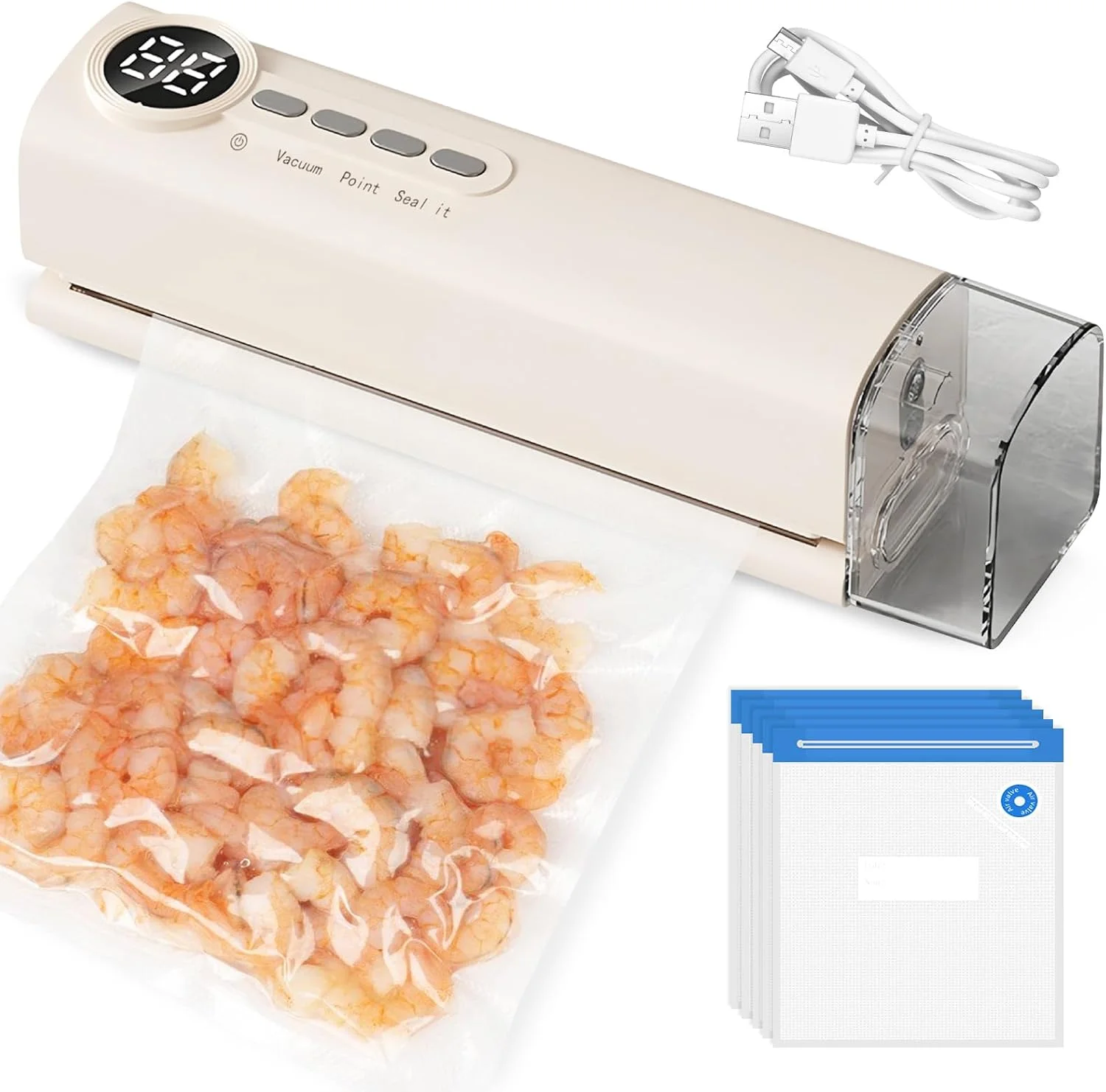 دستگاه وکیوم سیلر، دستگاه وکیوم، دستگاه وکیوم دستی، دستگاه سیلینگ شارژی، 62 کیلو پاسکال به همراه 5 کیسه، برای غذا و آشپزخانه