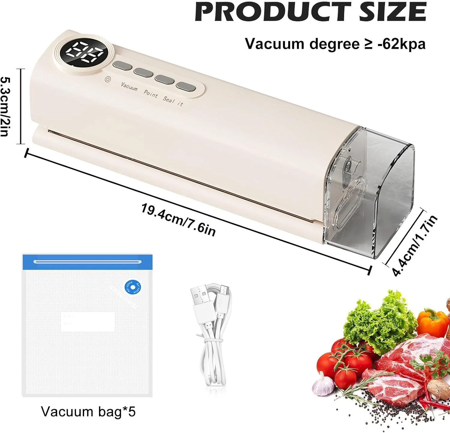 دستگاه وکیوم سیلر، دستگاه وکیوم، دستگاه وکیوم دستی، دستگاه سیلینگ شارژی، 62 کیلو پاسکال به همراه 5 کیسه، برای غذا و آشپزخانه