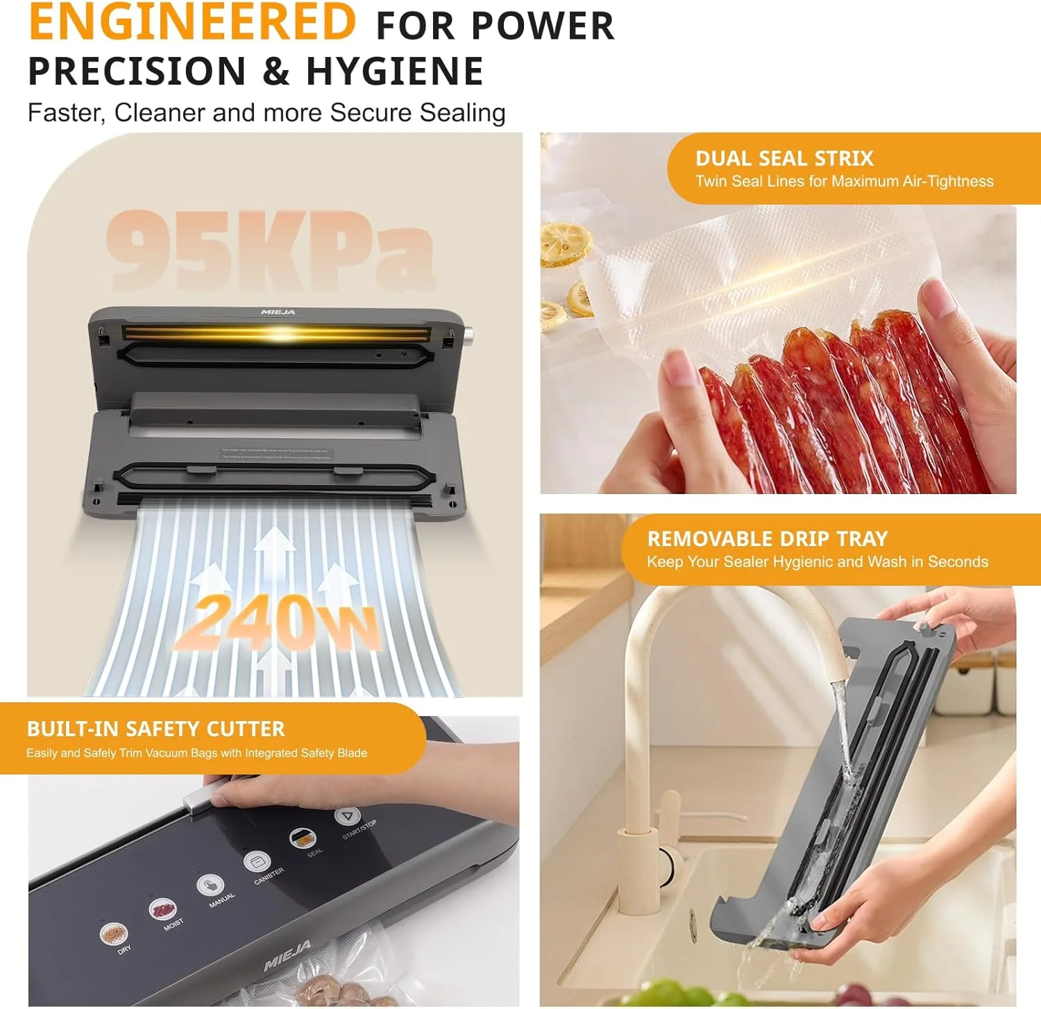 دستگاه بسته بندی وکیوم میجا 95kpa، دستگاه بسته بندی مواد غذایی تمام اتوماتیک تجاری، دستگاه بسته بندی سریع و جمع و جور مواد غذایی، دستگاه بسته بندی وکیوم چند منظوره مواد غذایی به همراه کیسه های وکیوم