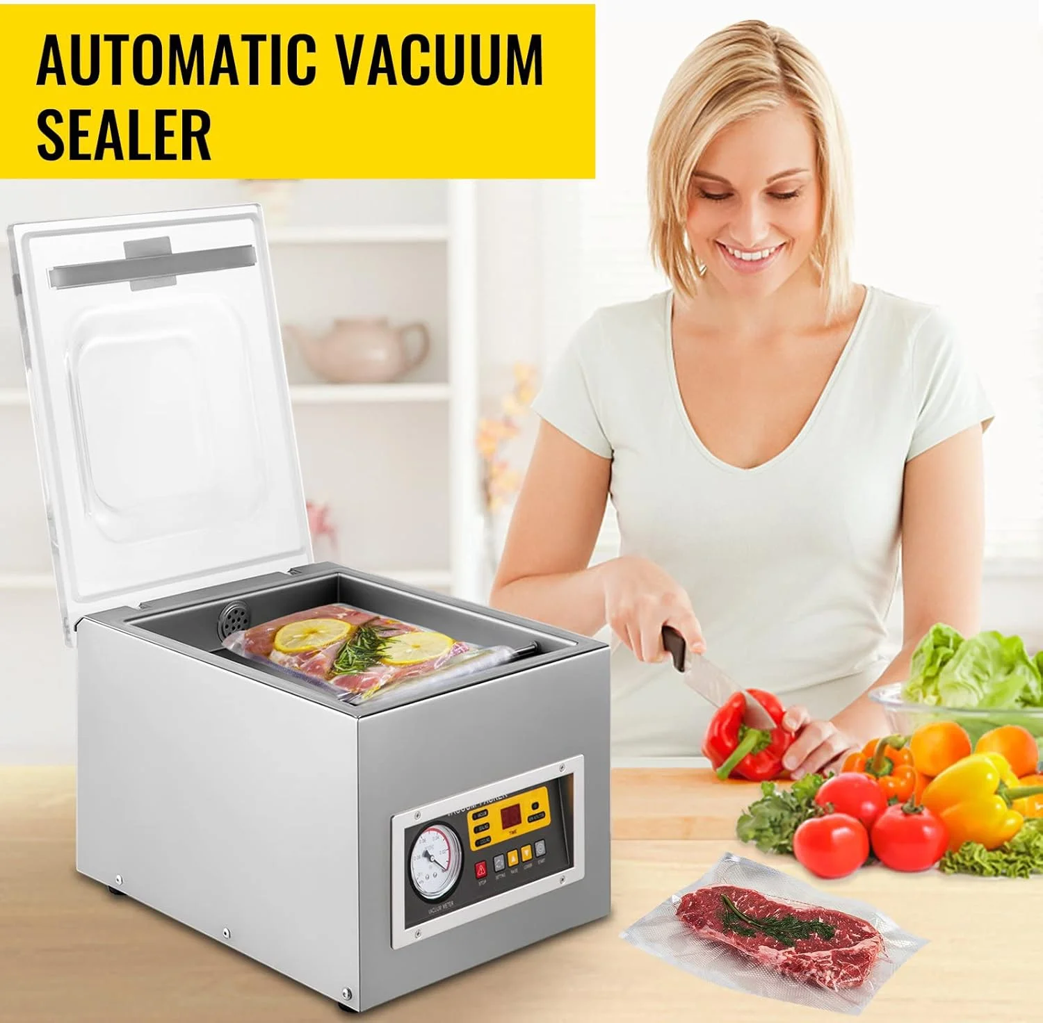 دستگاه وکیوم سیلر محفظه ای JDIUQOP، دستگاه بسته بندی وکیوم دیجیتال تجاری 120 وات، بسته بندی و سیل مواد غذایی آشپزخانه، میوه، ترشی، قطعات الکترونیکی