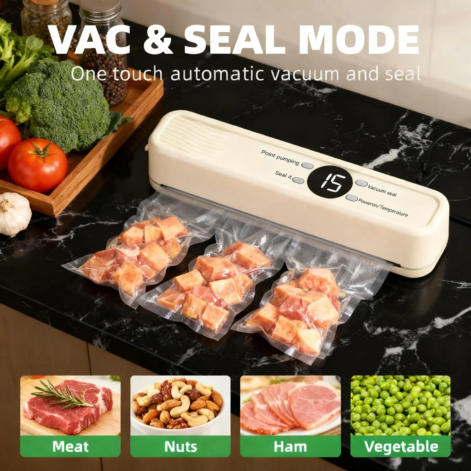 دستگاه پرس حرارتی دستی 7 در 1، دستگاه کوچک پرس کیسه با 3 اتصال دهنده خارجی، دستگاه پرس وکیوم قابل حمل با 5 عدد کیسه وکیوم برای نگهداری میان وعده و ذخیره سازی مواد غذایی (سبز)