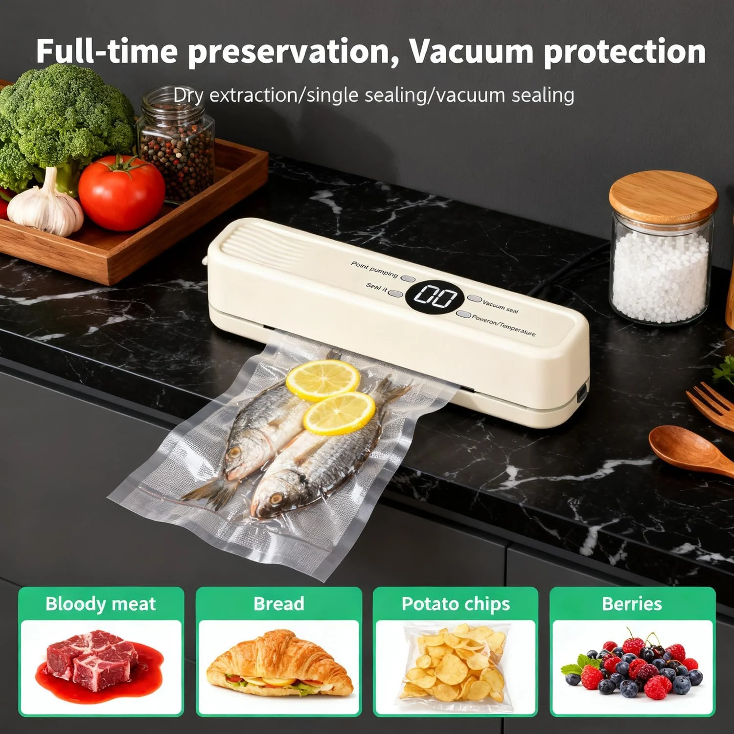 دستگاه پرس حرارتی دستی 7 در 1، دستگاه کوچک پرس کیسه با 3 اتصال دهنده خارجی، دستگاه پرس وکیوم قابل حمل با 5 عدد کیسه وکیوم برای نگهداری میان وعده و ذخیره سازی مواد غذایی (سبز)