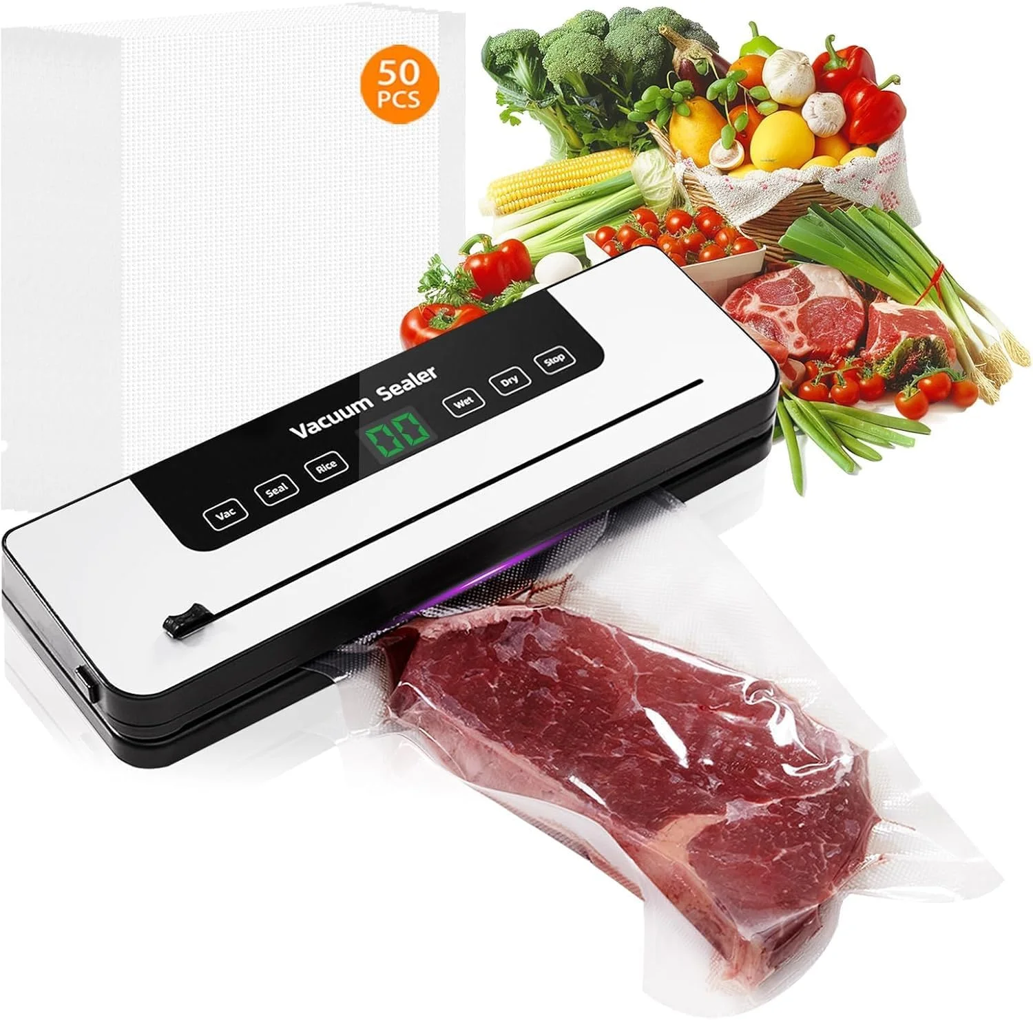 دستگاه وکیوم سیلر برای نگهداری مواد غذایی - 8 در 1 حالت دوگانه خشک/مرطوب با مکش قوی 65 کیلو پاسکال - شامل 50 کیسه و برشگر داخلی - طراحی جمع و جور و صرفه جویی در فضا (سفید)