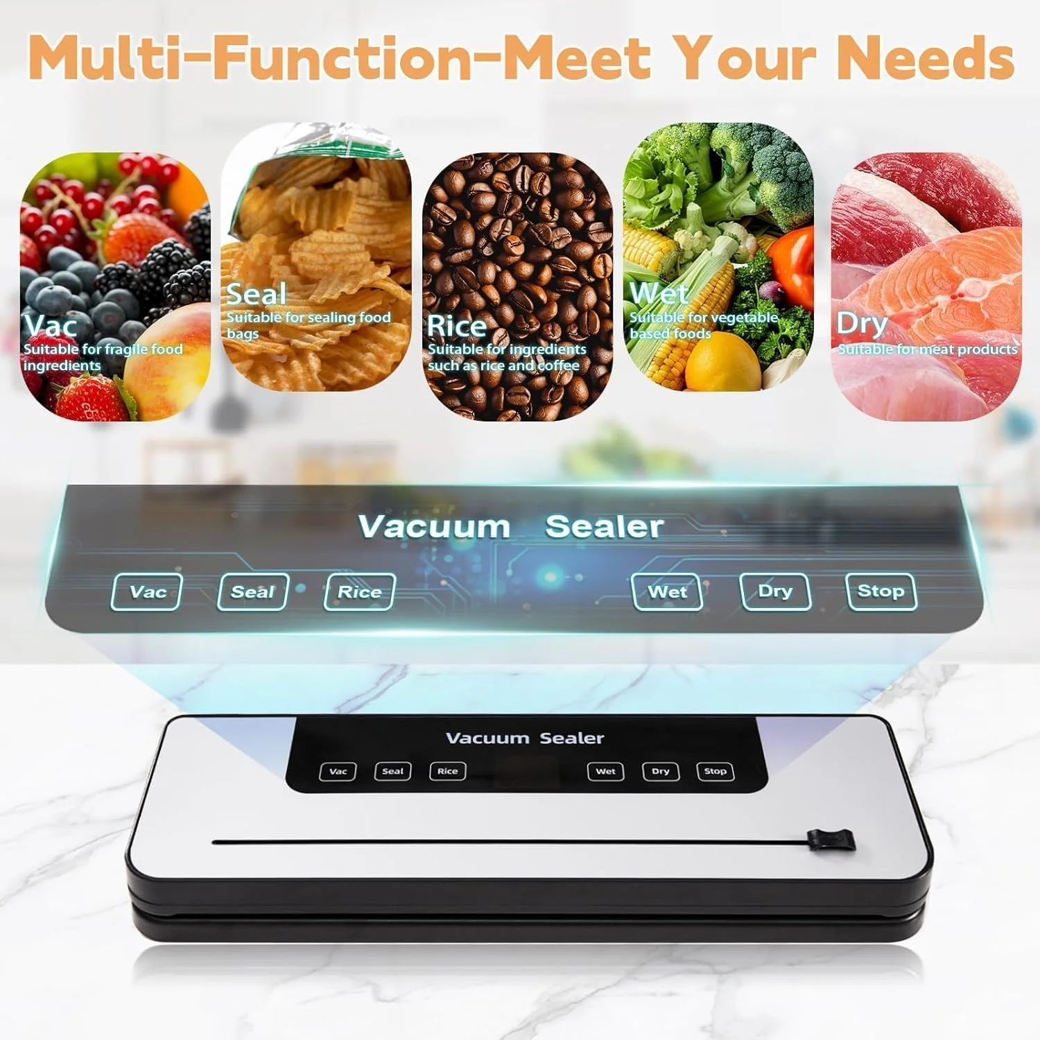 دستگاه وکیوم سیلر برای نگهداری مواد غذایی - 8 در 1 حالت دوگانه خشک/مرطوب با مکش قوی 65 کیلو پاسکال - شامل 50 کیسه و برشگر داخلی - طراحی جمع و جور و صرفه جویی در فضا (سفید)