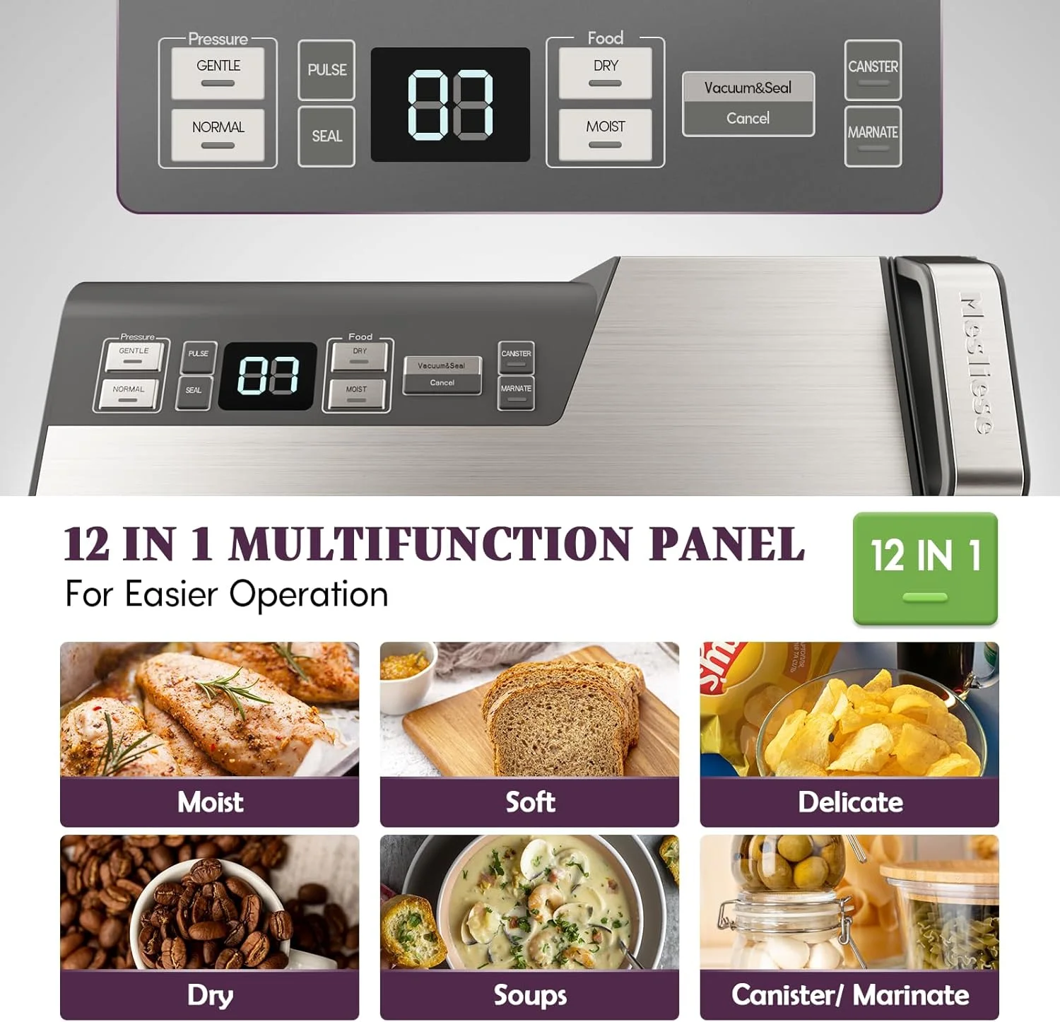 دستگاه وکیوم سیلر Mesliese، قدرت مکش 95kPa، توان 140W، عملکرد تک دستی، دارای نوار دوخت دوتایی، کاتر داخلی و نمایشگر شمارش معکوس