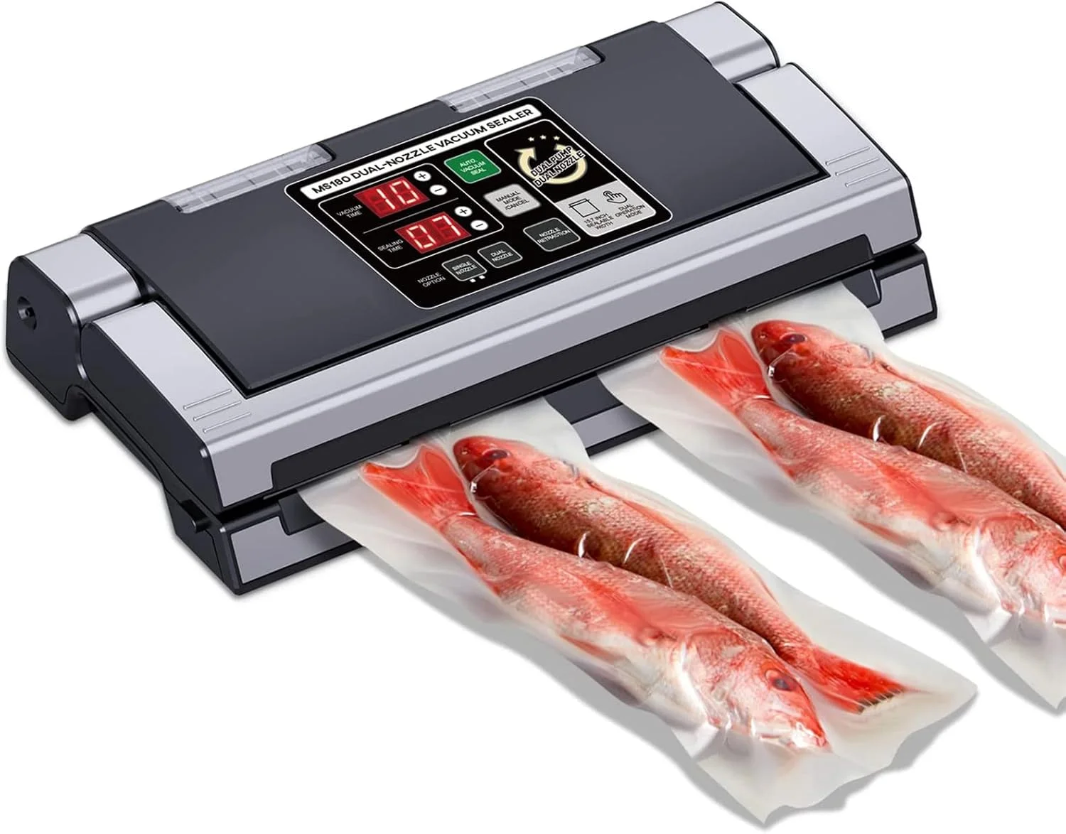 دستگاه وکیوم بسته بندی تجاری، دستگاه پمپ دوگانه و نازل دار با قابلیت باد کردن هوا، دارای میله دوخت ۴۰ سانتی متری، مناسب بسته بندی مواد غذایی خشک و مرطوب برای کیسه های صاف و پاکت های حجره ای