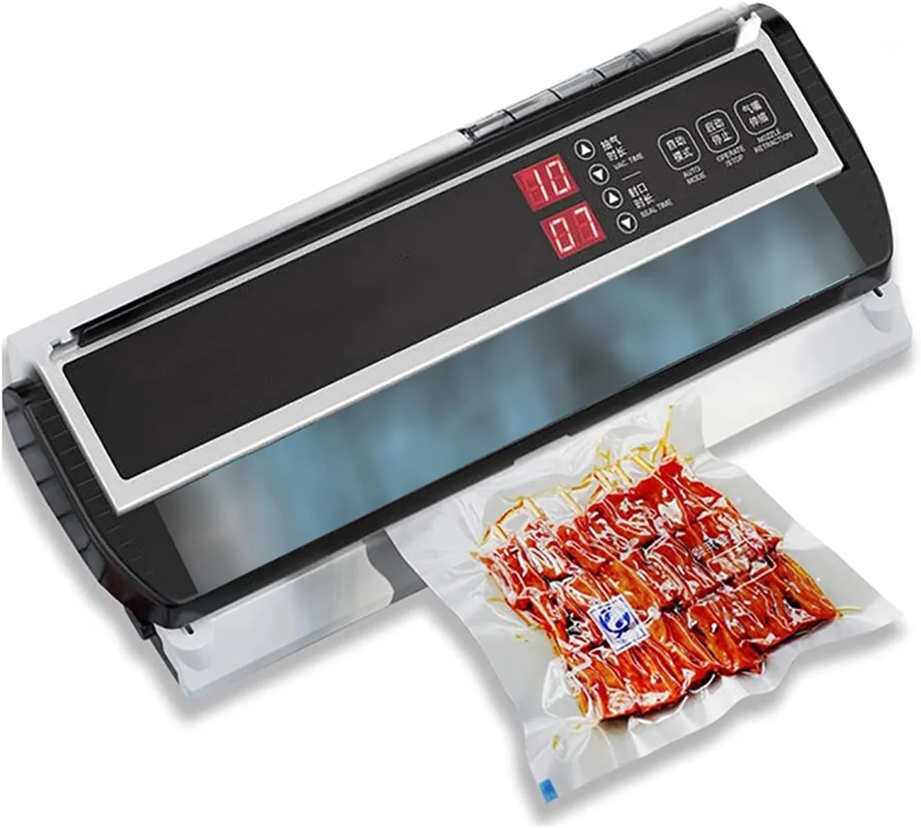 دستگاه وکیوم سیلر تجاری، دستگاه بسته بندی مواد غذایی 250 واتی با عملکرد دمیدن هوا و برش، زمان قابل تنظیم وکیوم و بسته بندی و حالت خودکار/دستی، برای کیسه های صاف یا کیسه های مایلار