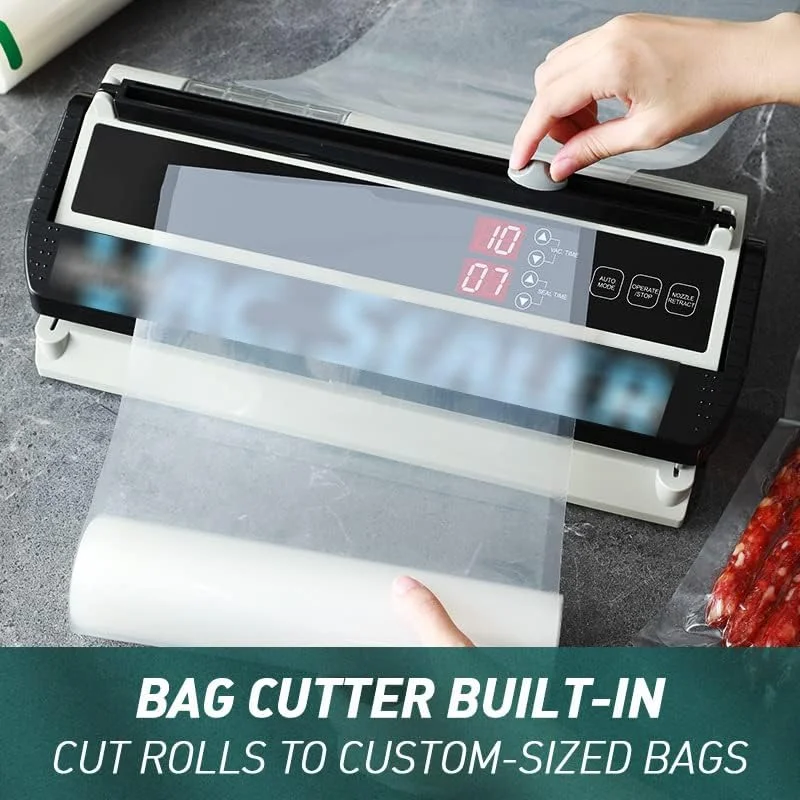 دستگاه وکیوم سیلر تجاری، دستگاه بسته بندی مواد غذایی 250 واتی با عملکرد دمیدن هوا و برش، زمان قابل تنظیم وکیوم و بسته بندی و حالت خودکار/دستی، برای کیسه های صاف یا کیسه های مایلار