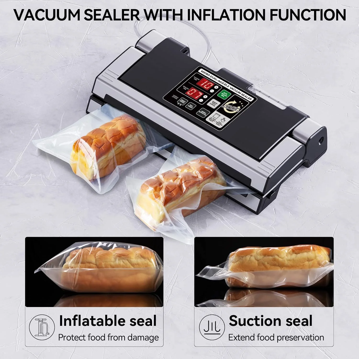 دستگاه وکیوم بسته بندی تجاری، دستگاه پمپ دوگانه و نازل دار با قابلیت باد کردن هوا، دارای میله دوخت ۴۰ سانتی متری، مناسب بسته بندی مواد غذایی خشک و مرطوب برای کیسه های صاف و پاکت های حجره ای