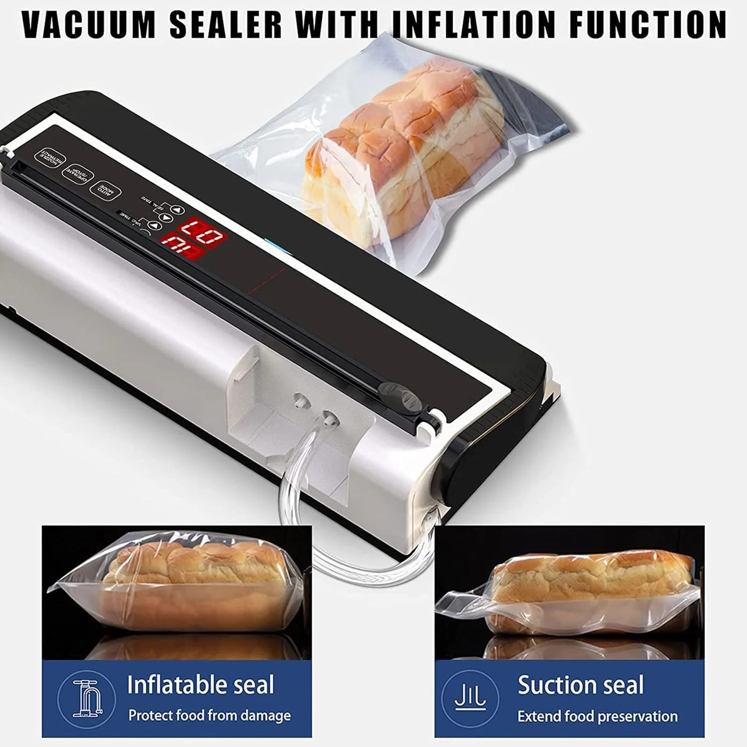 دستگاه وکیوم سیلر تجاری، دستگاه بسته بندی مواد غذایی 250 واتی با عملکرد دمیدن هوا و برش، زمان قابل تنظیم وکیوم و بسته بندی و حالت خودکار/دستی، برای کیسه های صاف یا کیسه های مایلار