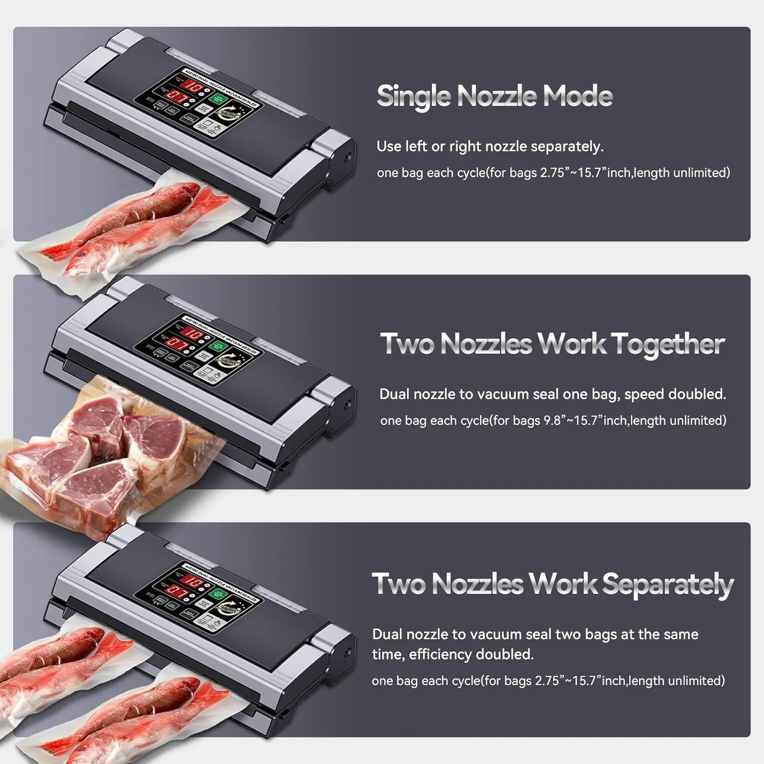 دستگاه وکیوم بسته بندی تجاری، دستگاه پمپ دوگانه و نازل دار با قابلیت باد کردن هوا، دارای میله دوخت ۴۰ سانتی متری، مناسب بسته بندی مواد غذایی خشک و مرطوب برای کیسه های صاف و پاکت های حجره ای