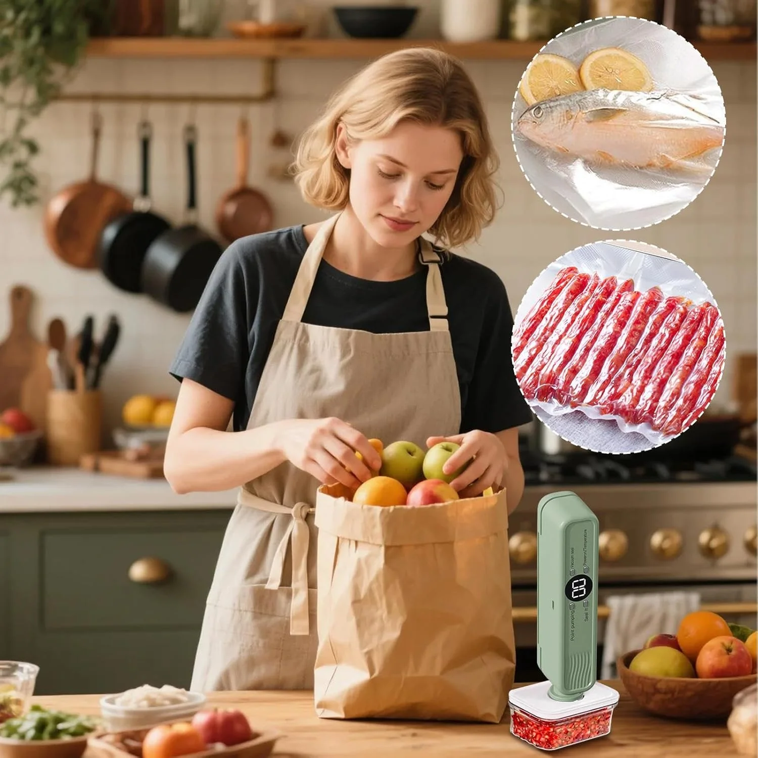 دستگاه وکیوم بسته بندی مواد غذایی با قابلیت تنظیم | سیستم پلمپ هوای آشپزخانه - برای غلات کامل، میوه خشک، نان، گوشت، غذاهای دریایی و مرغ