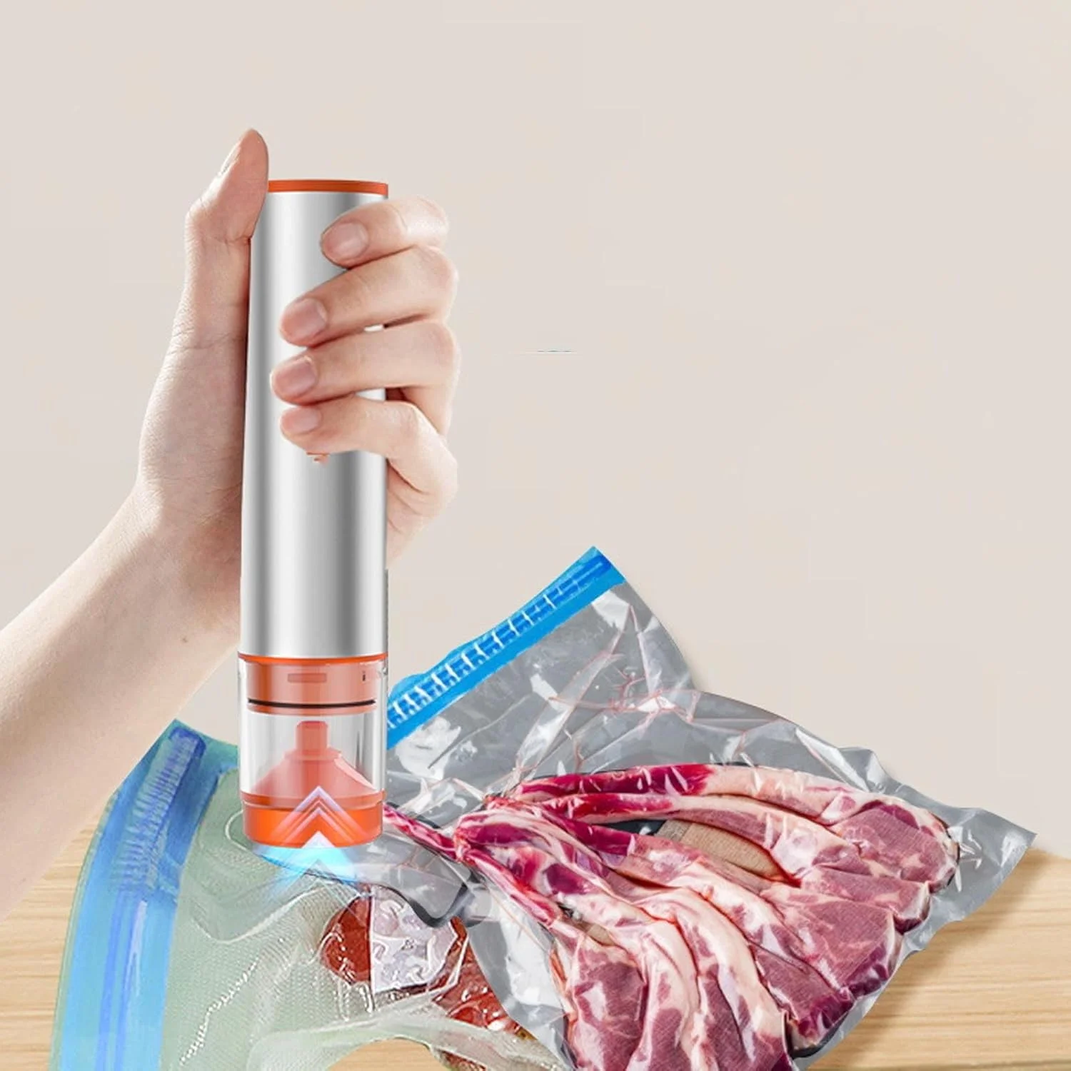 دستگاه وکیوم کوچک و قابل حمل گوشیدا برای مواد غذایی، دستگاه وکیوم دستی قدرتمند 60 کیلو پاسکال، با عملکرد باد کردن، مناسب برای آشپزخانه منزل (نارنجی)