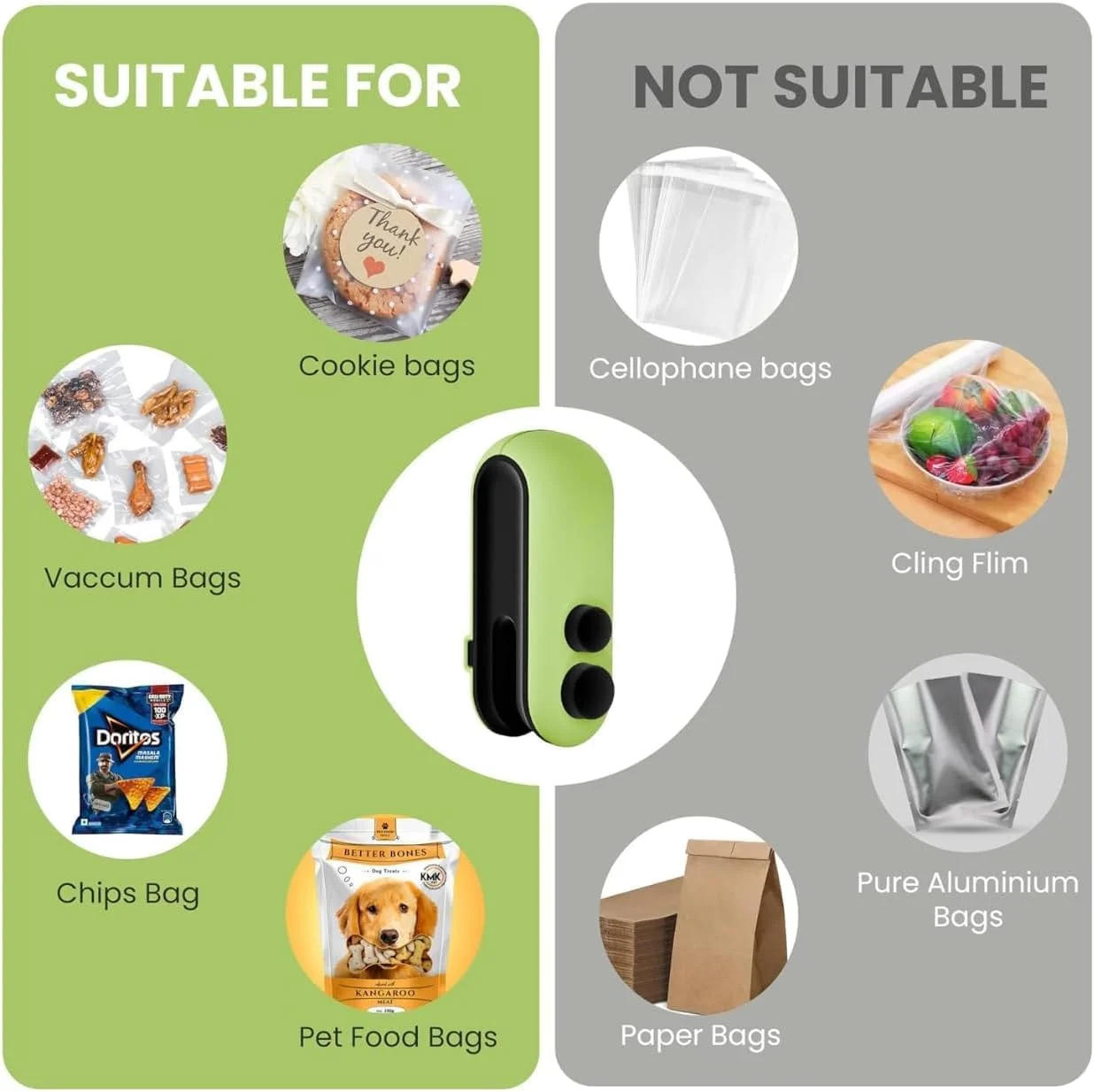 مینی دستگاه پرس و برش دوکاره – قابل حمل، با منبع تغذیه USB، اتصال مغناطیسی، شارژ Type-C برای نگهداری مواد غذایی (سبز)