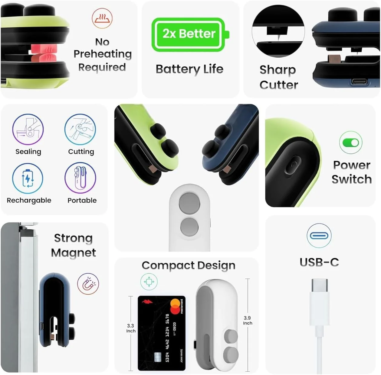 مینی دستگاه پرس و برش دوکاره – قابل حمل، با منبع تغذیه USB، اتصال مغناطیسی، شارژ Type-C برای نگهداری مواد غذایی (سبز)