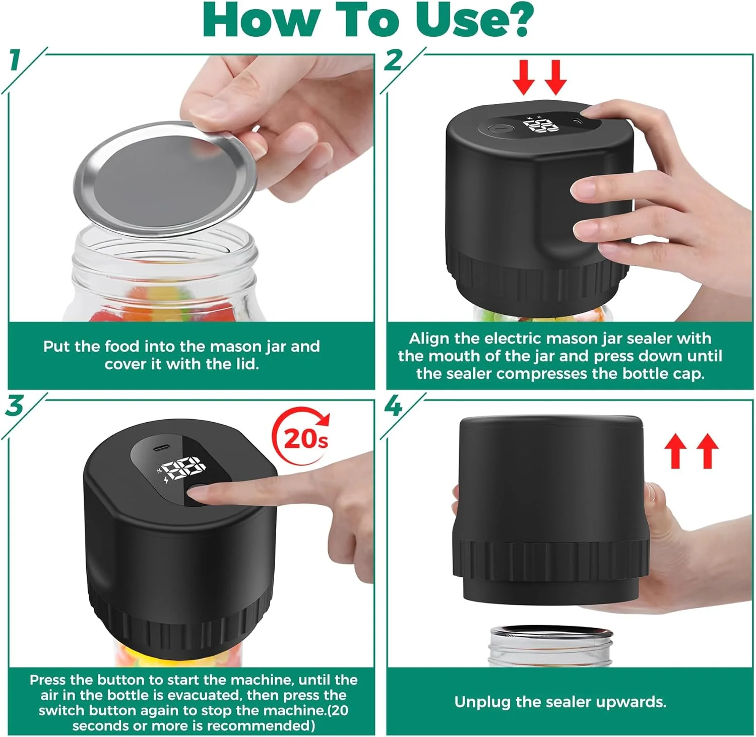 دستگاه وکیوم برقی شیشه مربا، دستگاه وکیوم قابل حمل، دستگاه وکیوم درب شیشه مربا، دستگاه برقی وکیوم شیشه، تخلیه هوا برای شیشه های مربا، صرفه جویی در زمان، دستگاه برقی نگهداری مواد غذایی به همراه 10 درب شیشه